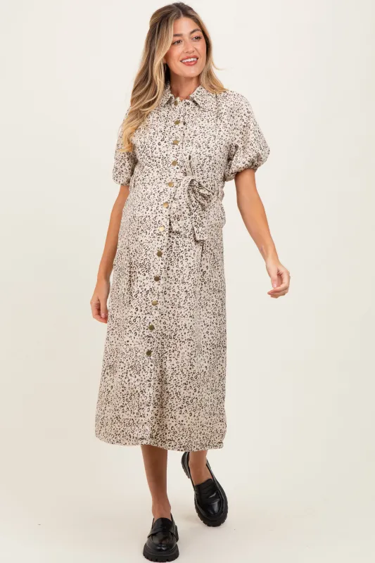 Cream Floral Button Front Waist Tie Maternity Midi Dress sold by Pinkblush