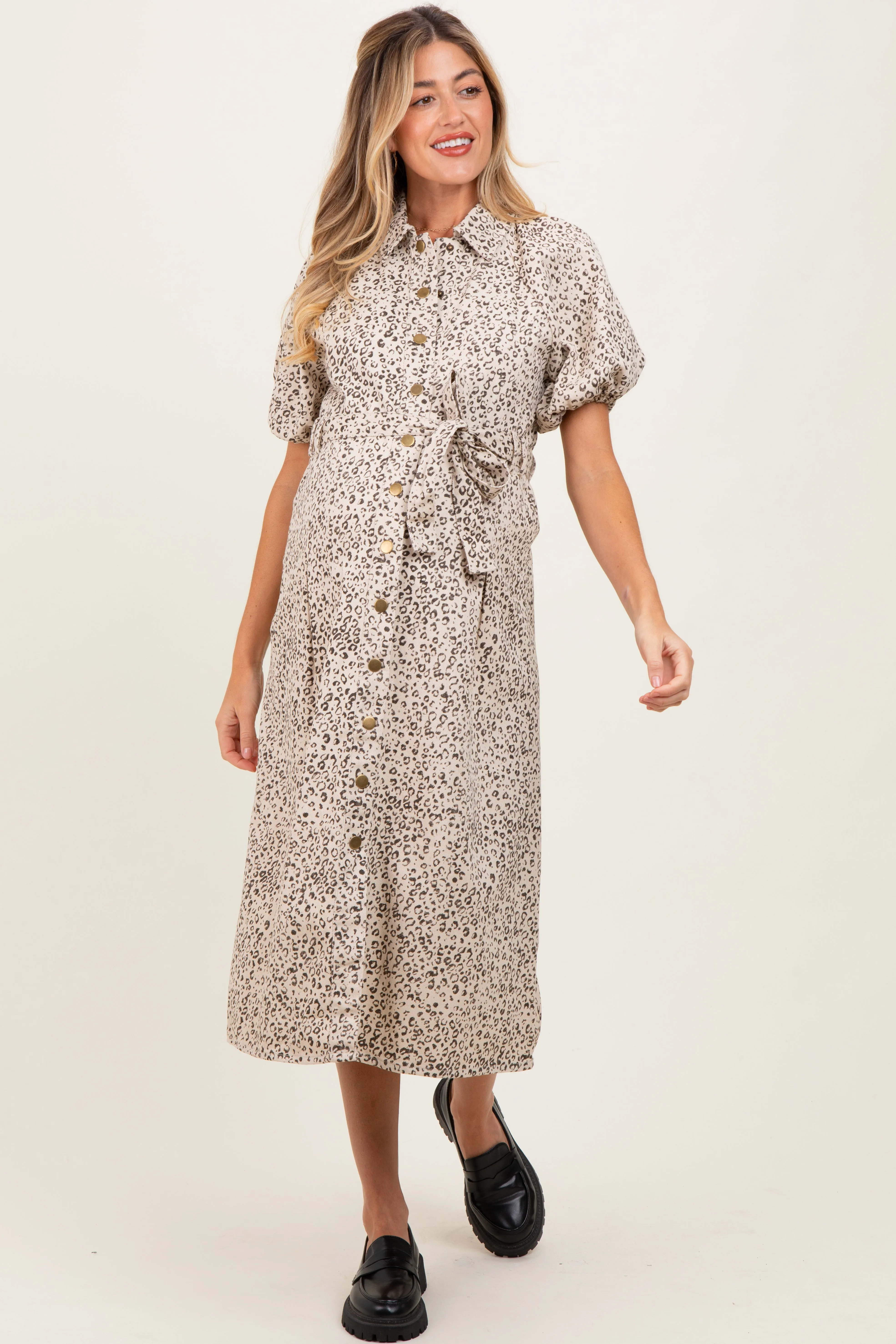 Cream Floral Button Front Waist Tie Maternity Midi Dress sold by Pinkblush