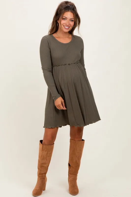 Olive Solid Ribbed Long Sleeve Crewneck Shirring Maternity Mini Dress sold by Pinkblush