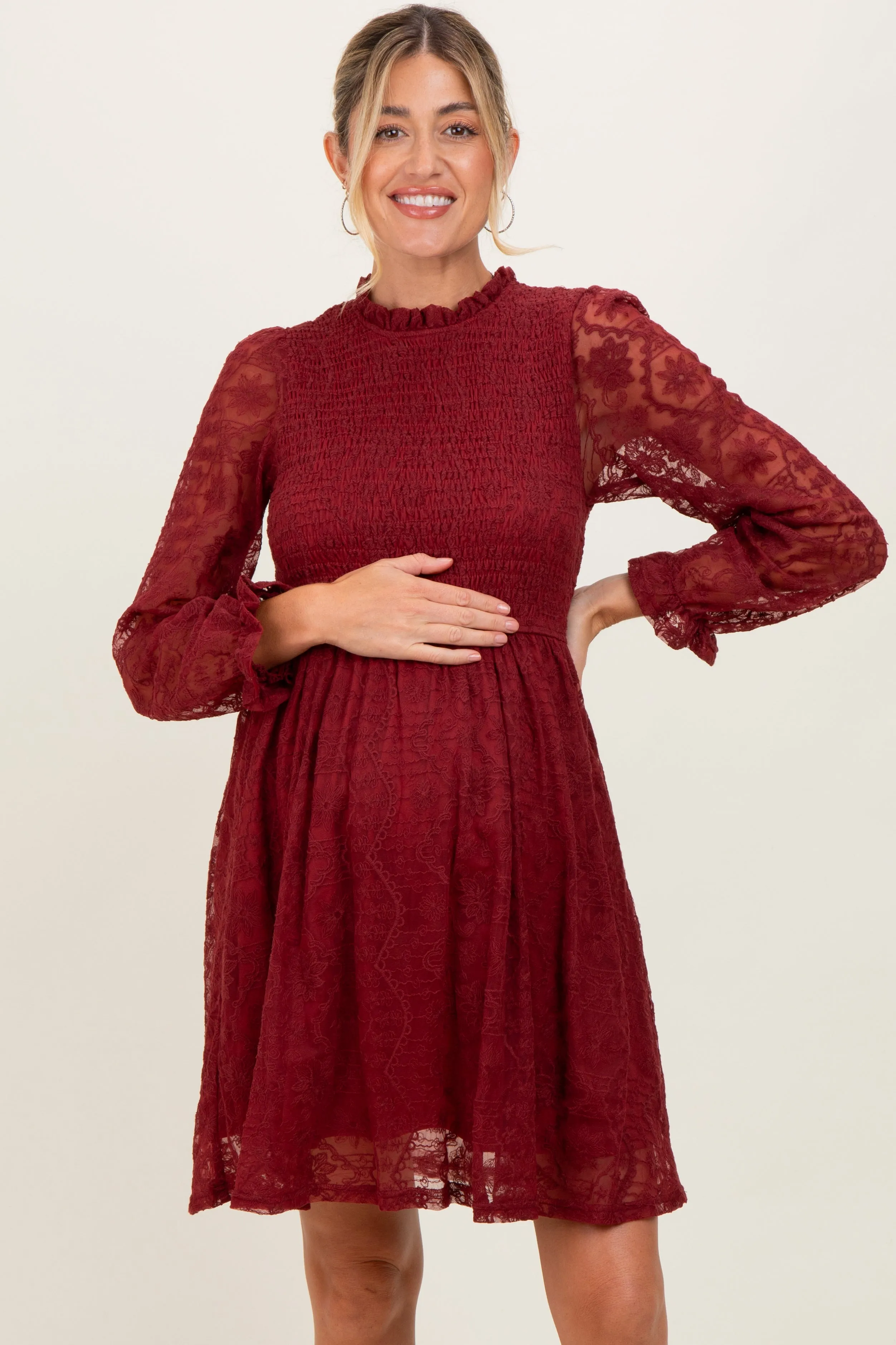 Red Lace Smocked Long Sleeve Maternity Dress sold by Pinkblush product image thumbnail 2