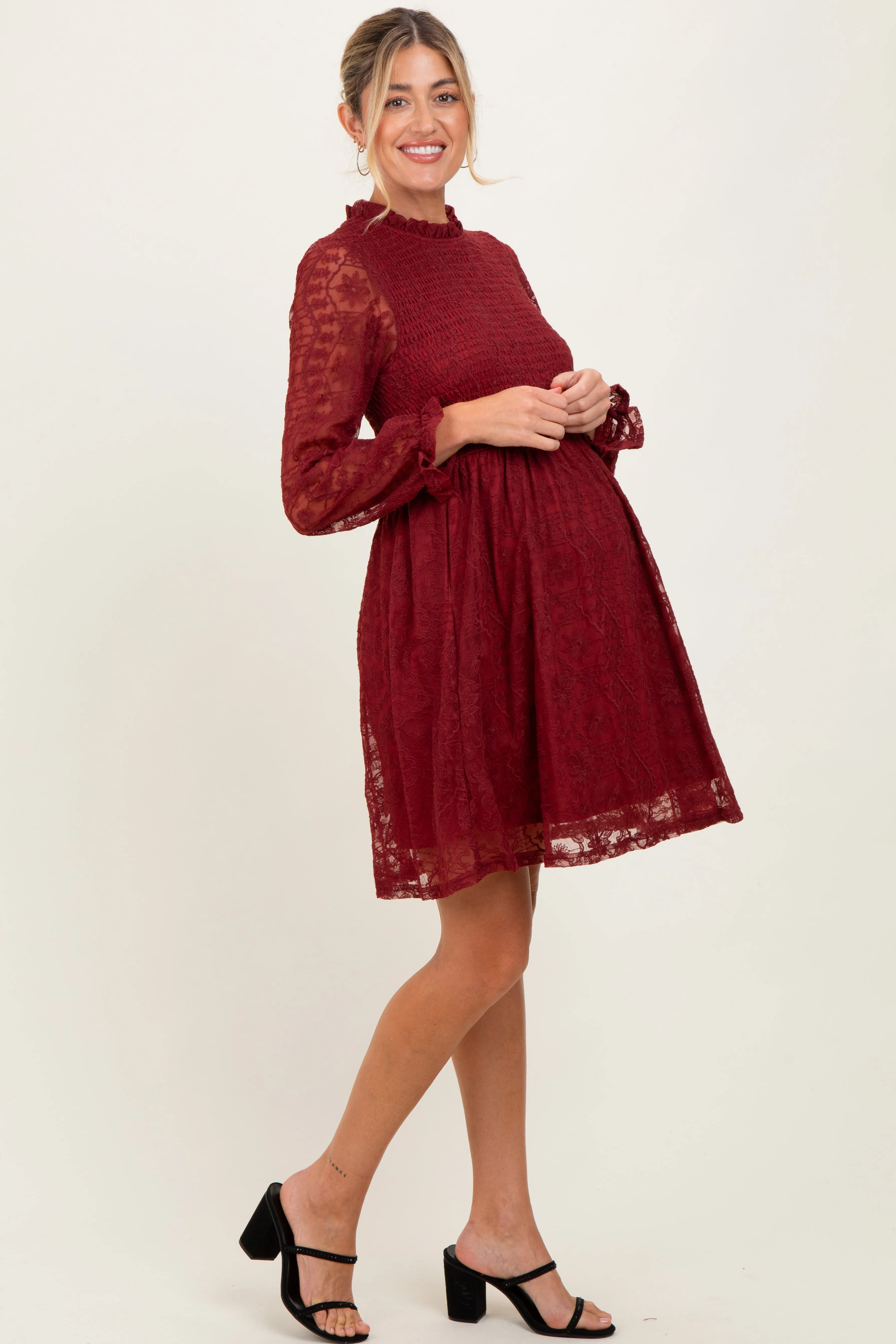 Red Lace Smocked Long Sleeve Maternity Dress sold by Pinkblush product image thumbnail 3