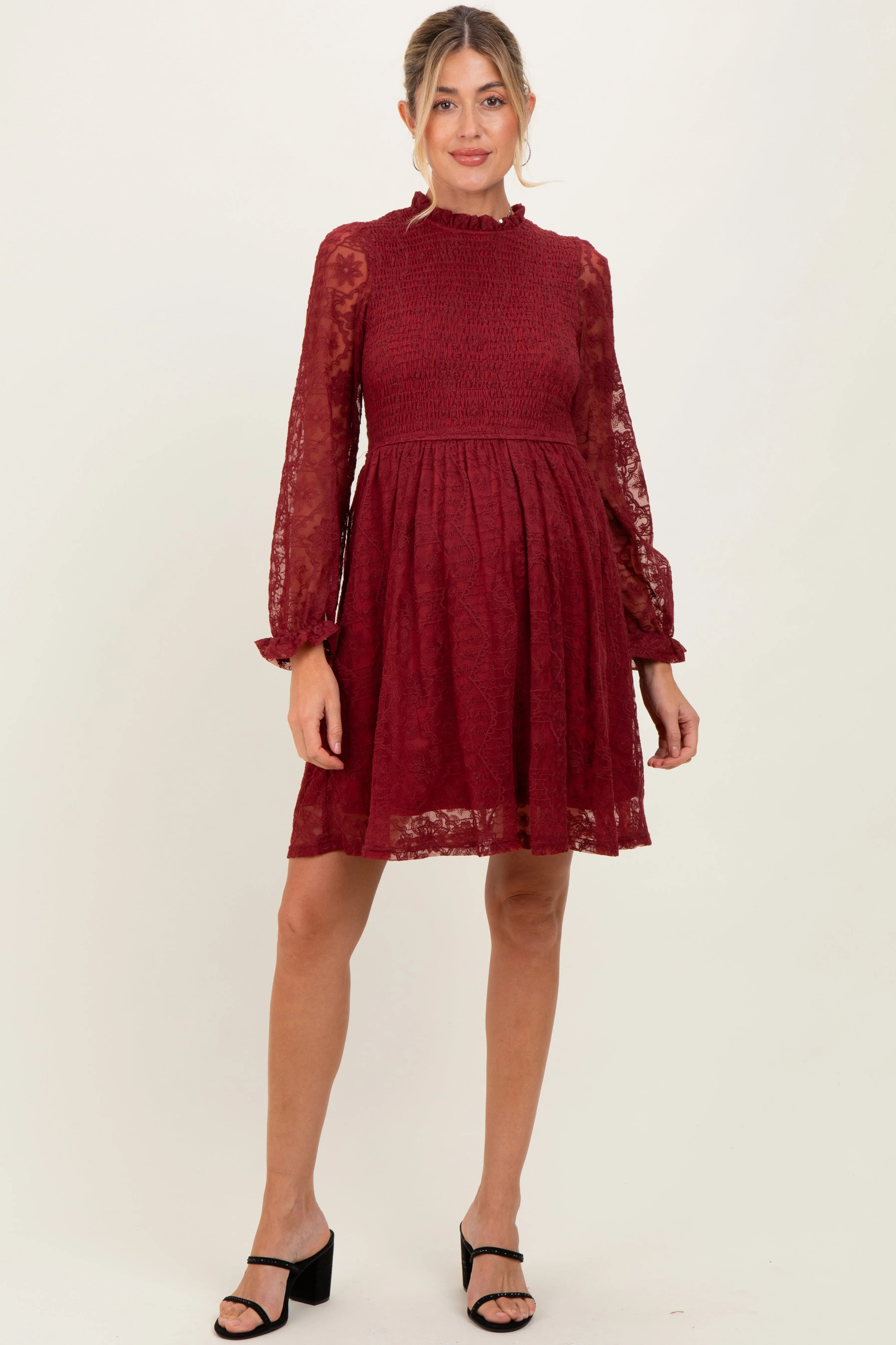 Red Lace Smocked Long Sleeve Maternity Dress sold by Pinkblush