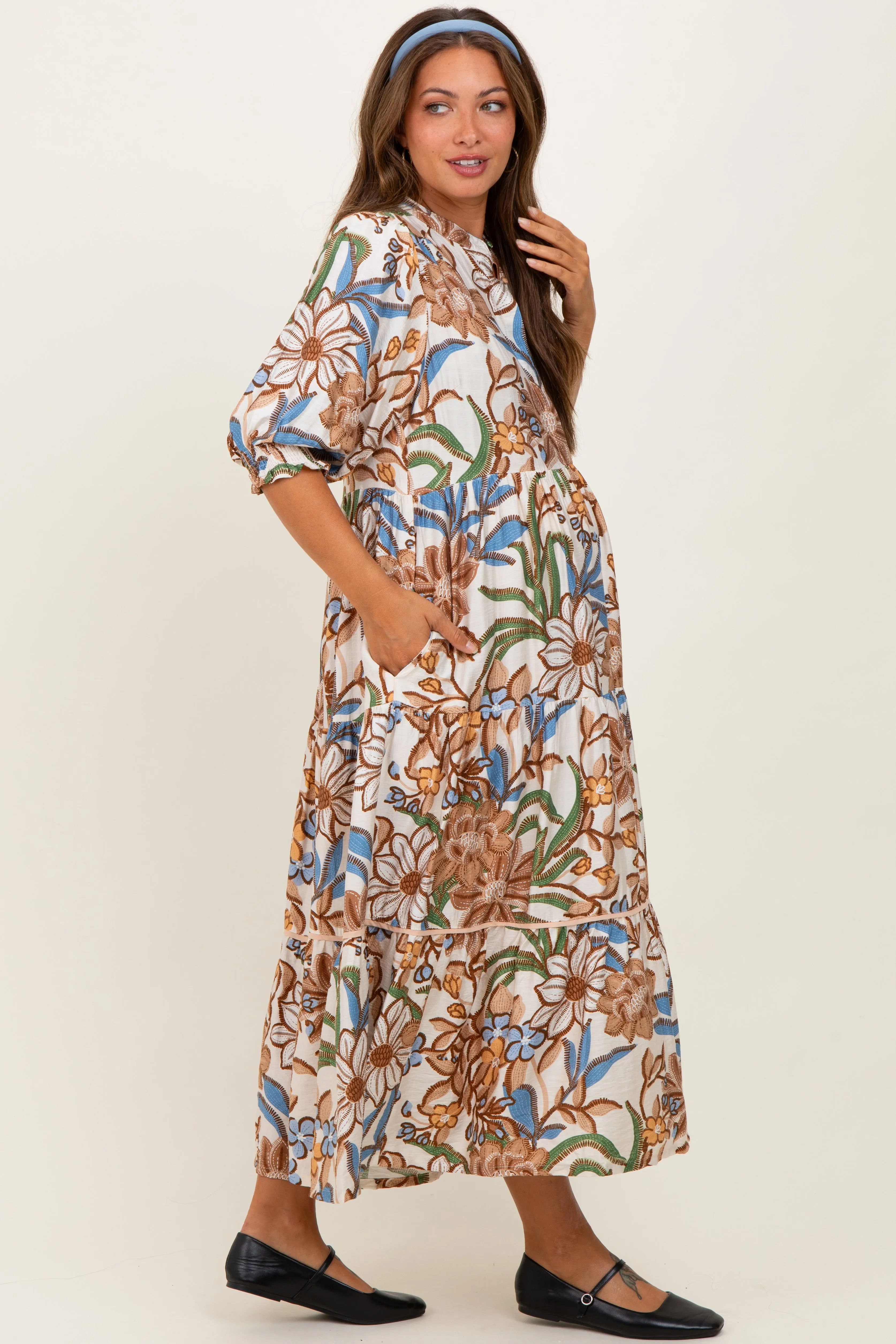 Beige Floral Tiered Short Sleeve Maternity Midi Dress sold by Pinkblush product image thumbnail 2