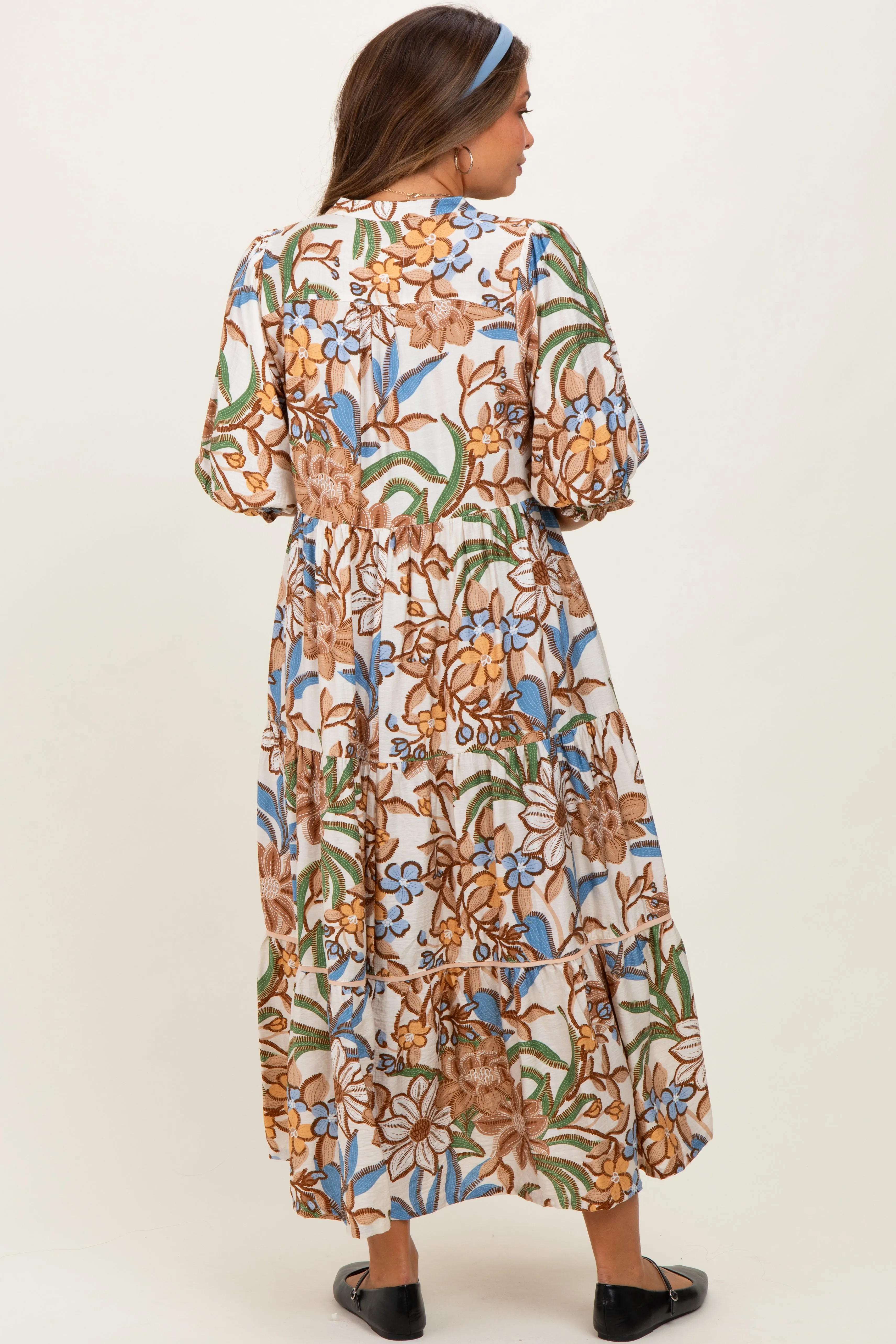 Beige Floral Tiered Short Sleeve Maternity Midi Dress sold by Pinkblush product image thumbnail 3