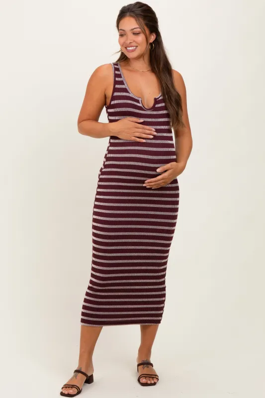 Burgundy Stripe Ribbed Sleeveless V Neck Maternity Maxi Dress sold by Pinkblush
