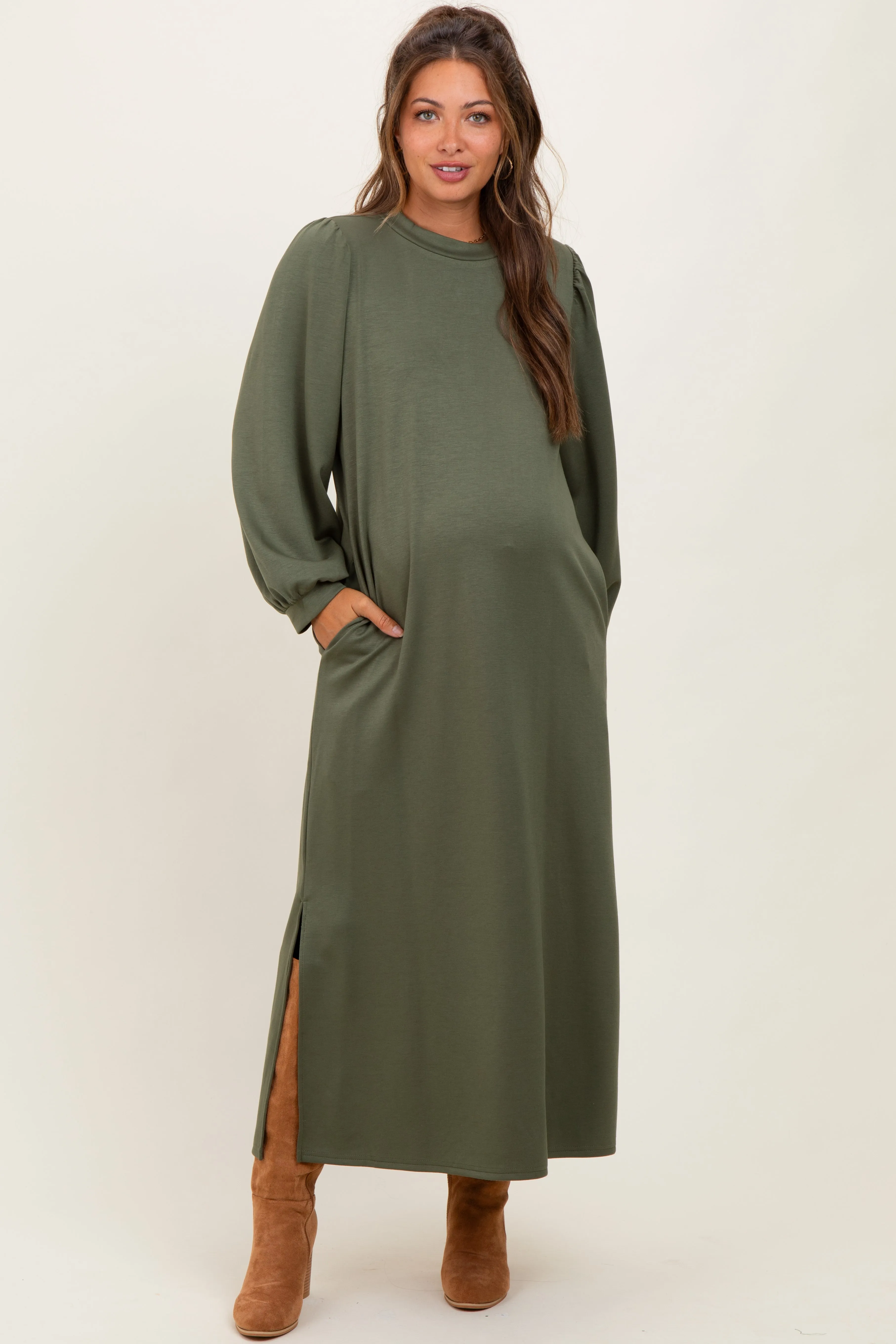 Olive Side Slit Detail Solid Maternity Midi Dress sold by Pinkblush