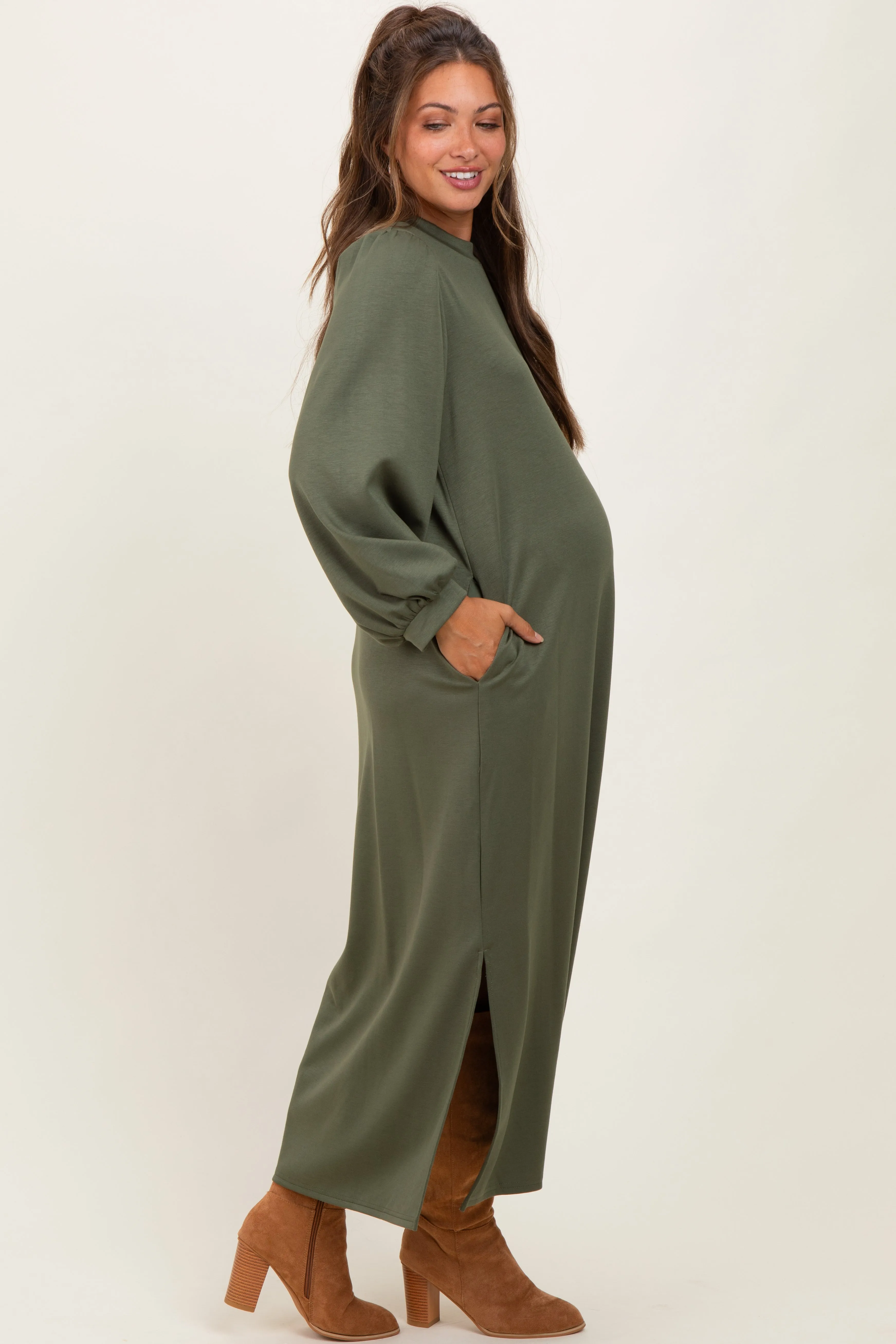 Olive Side Slit Detail Solid Maternity Midi Dress sold by Pinkblush product image thumbnail 2