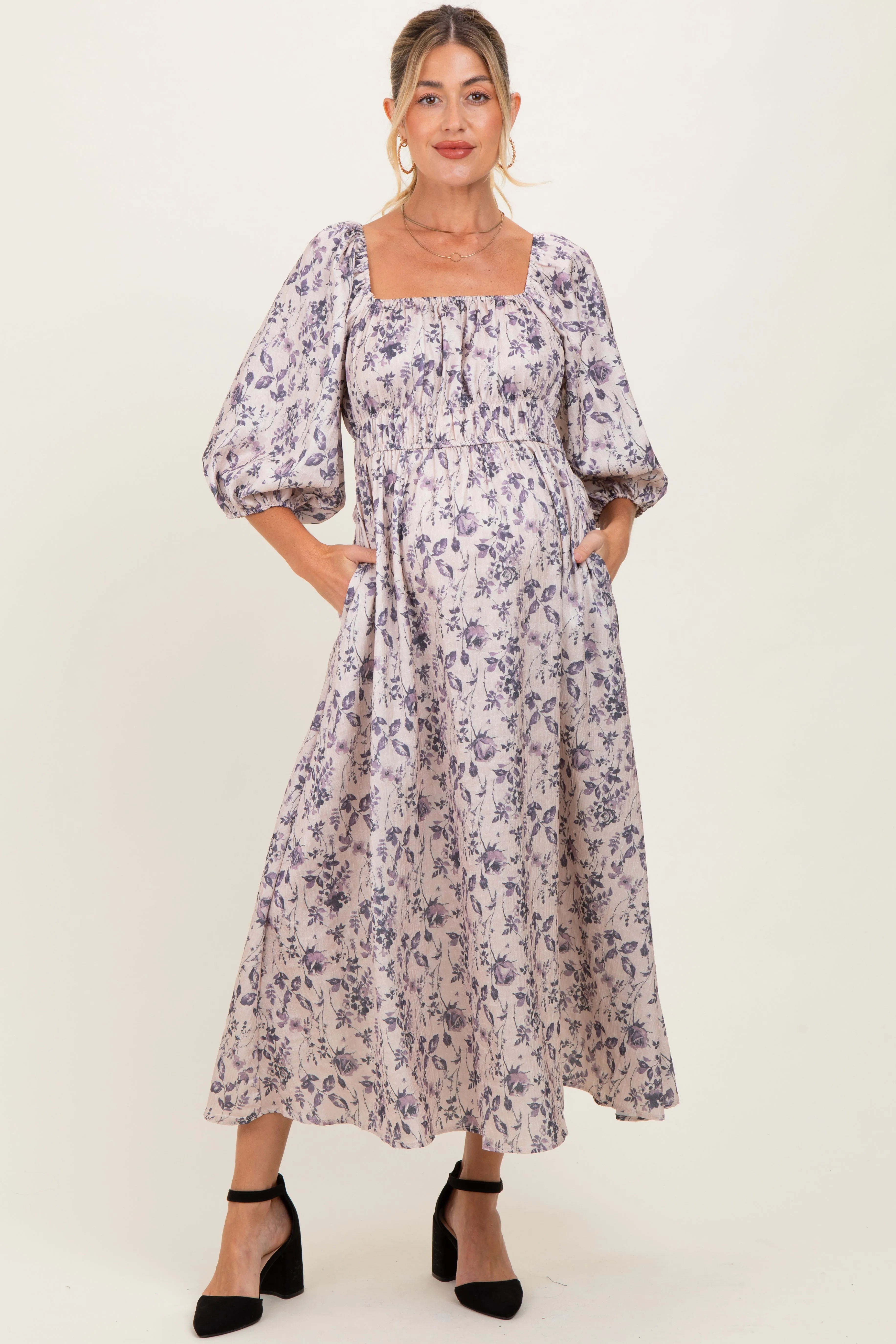 Cream Floral Puff Sleeve Smocked Waist Maternity Midi Dress sold by Pinkblush product image thumbnail 2