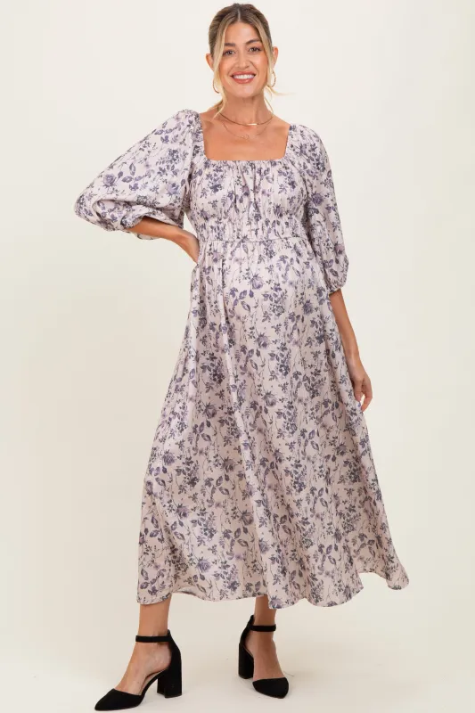 Cream Floral Puff Sleeve Smocked Waist Maternity Midi Dress sold by Pinkblush