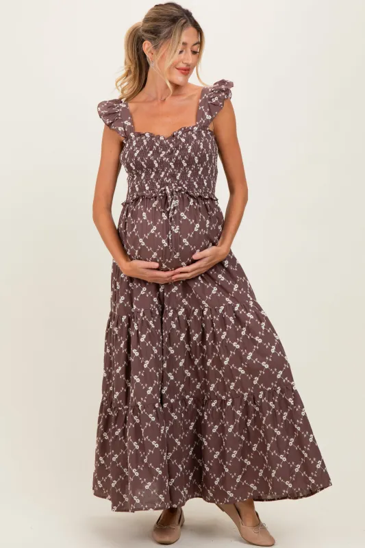 Brown Off White Floral Embroidered Tiered Maternity Maxi Dress sold by Pinkblush
