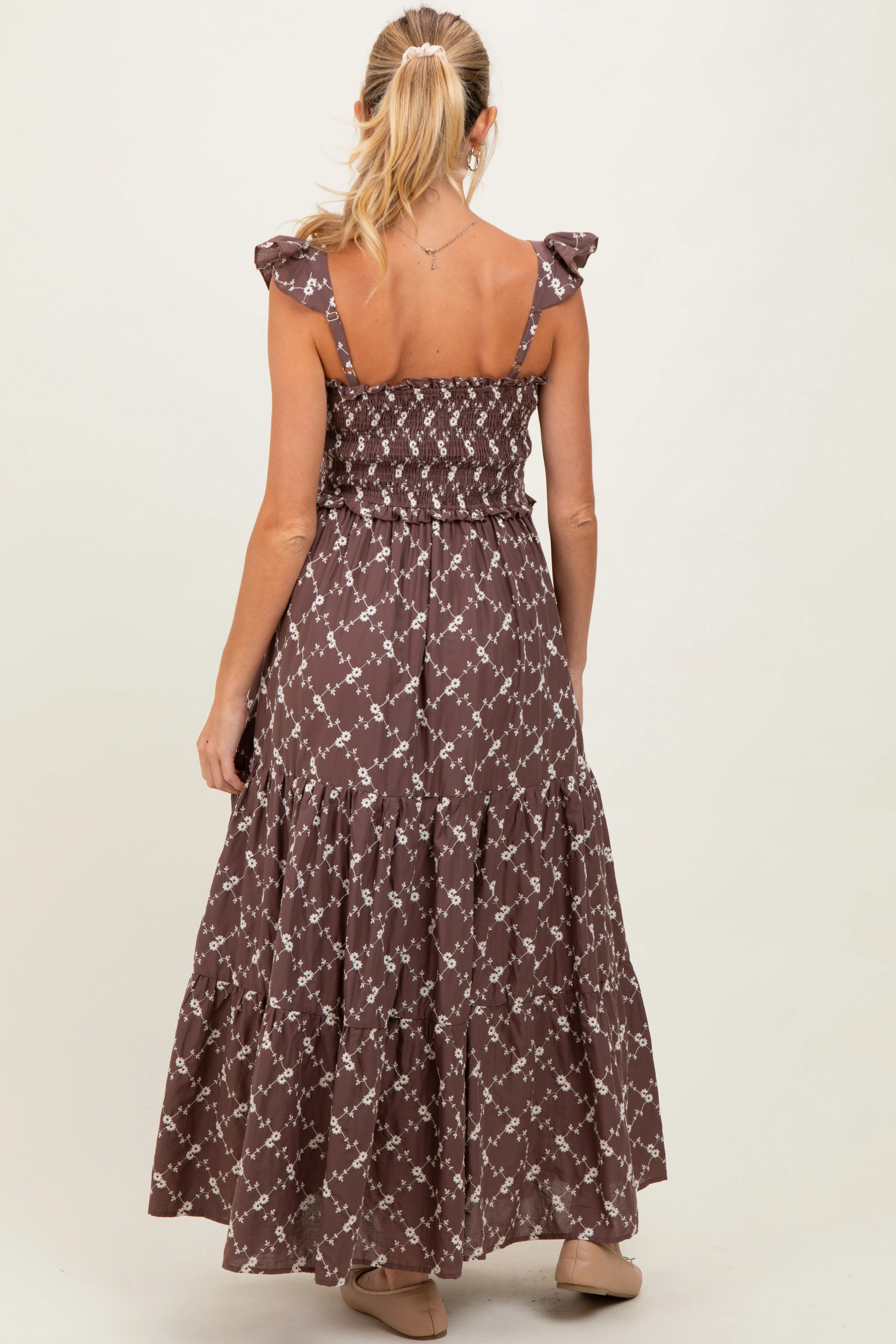 Brown Off White Floral Embroidered Tiered Maternity Maxi Dress sold by Pinkblush product image thumbnail 3