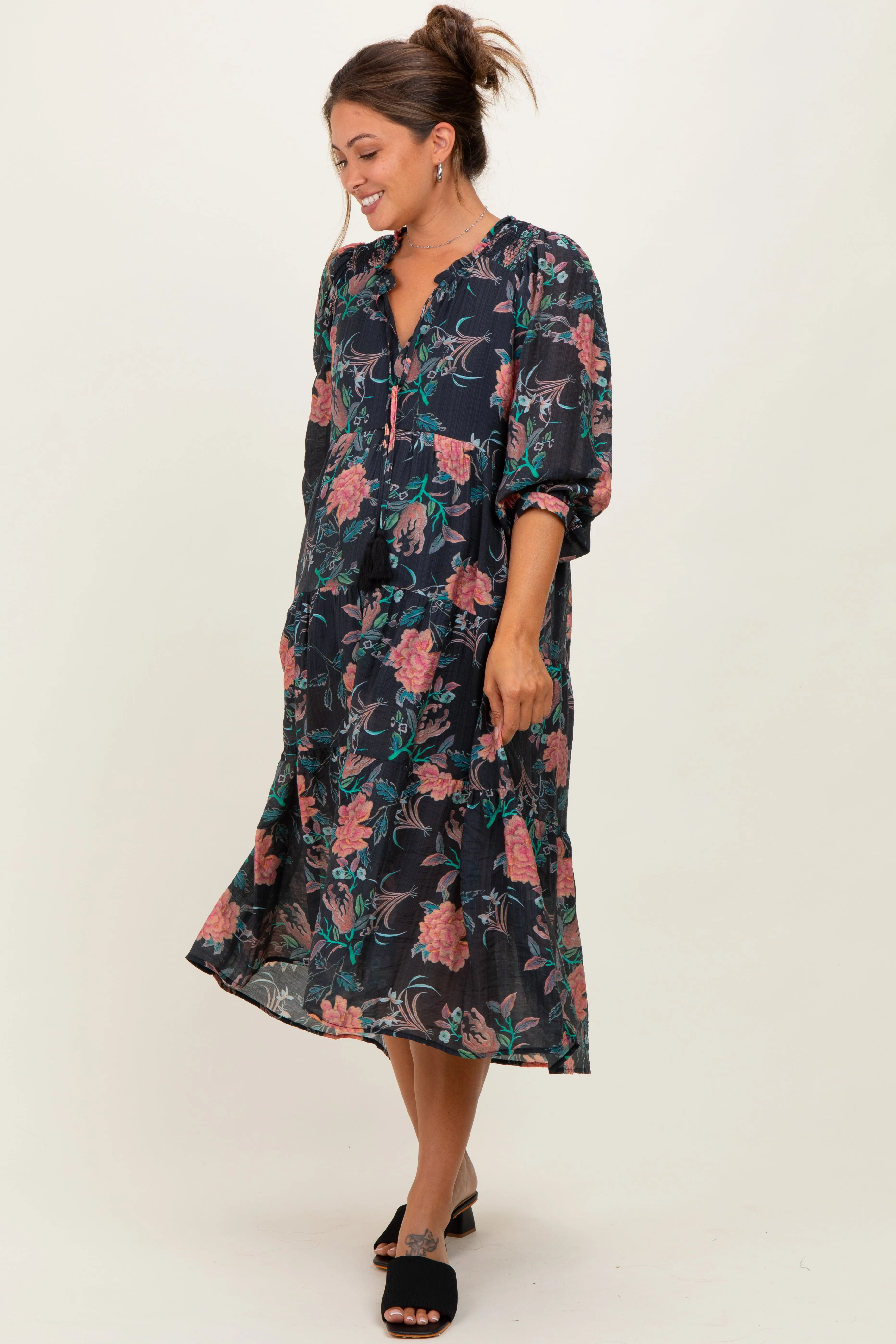 Black Floral Front Tie Tiered Maternity Midi Dress sold by Pinkblush product image thumbnail 2