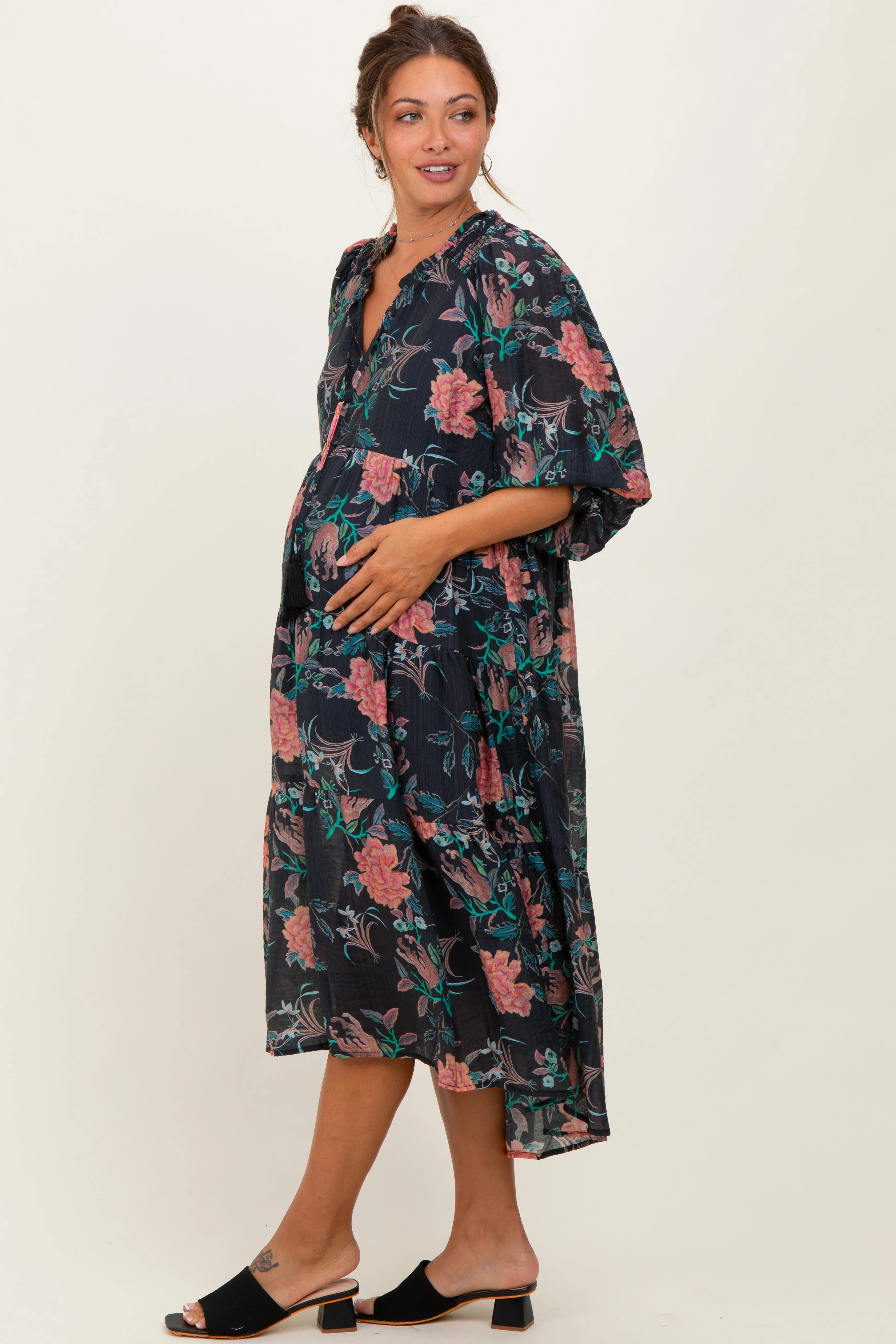Black Floral Front Tie Tiered Maternity Midi Dress sold by Pinkblush product image thumbnail 3