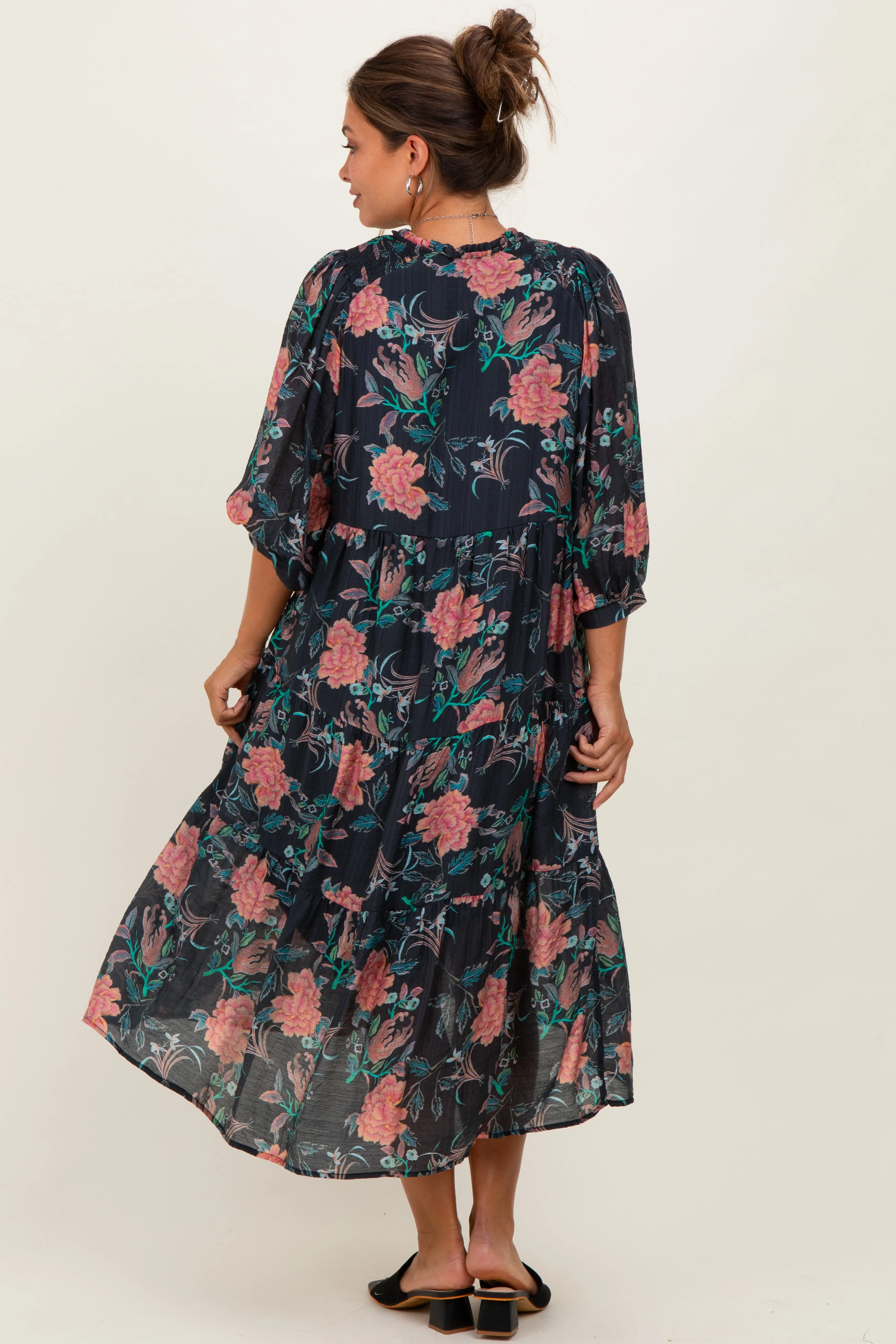 Black Floral Front Tie Tiered Maternity Midi Dress sold by Pinkblush product image thumbnail 4
