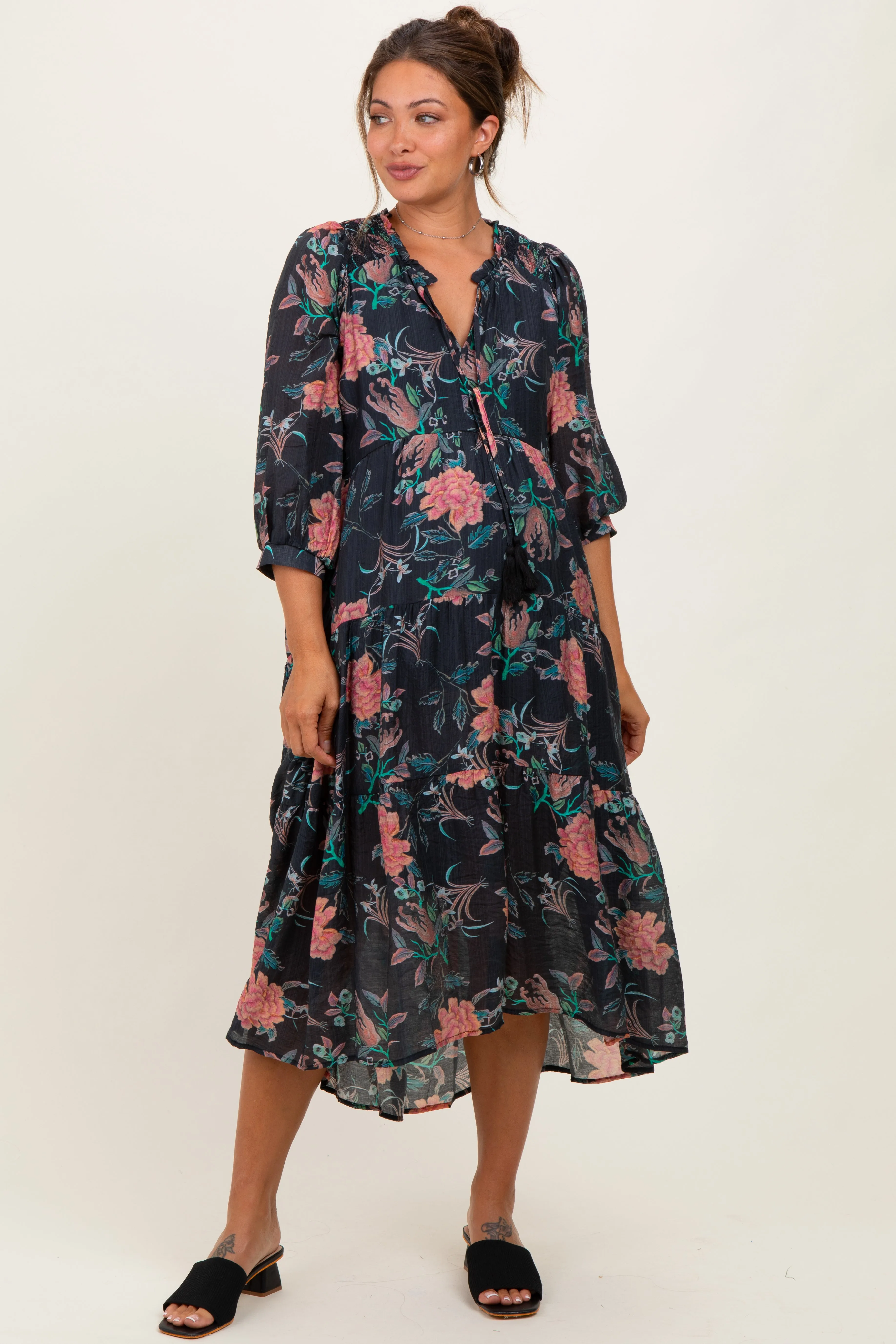 Black Floral Front Tie Tiered Maternity Midi Dress sold by Pinkblush