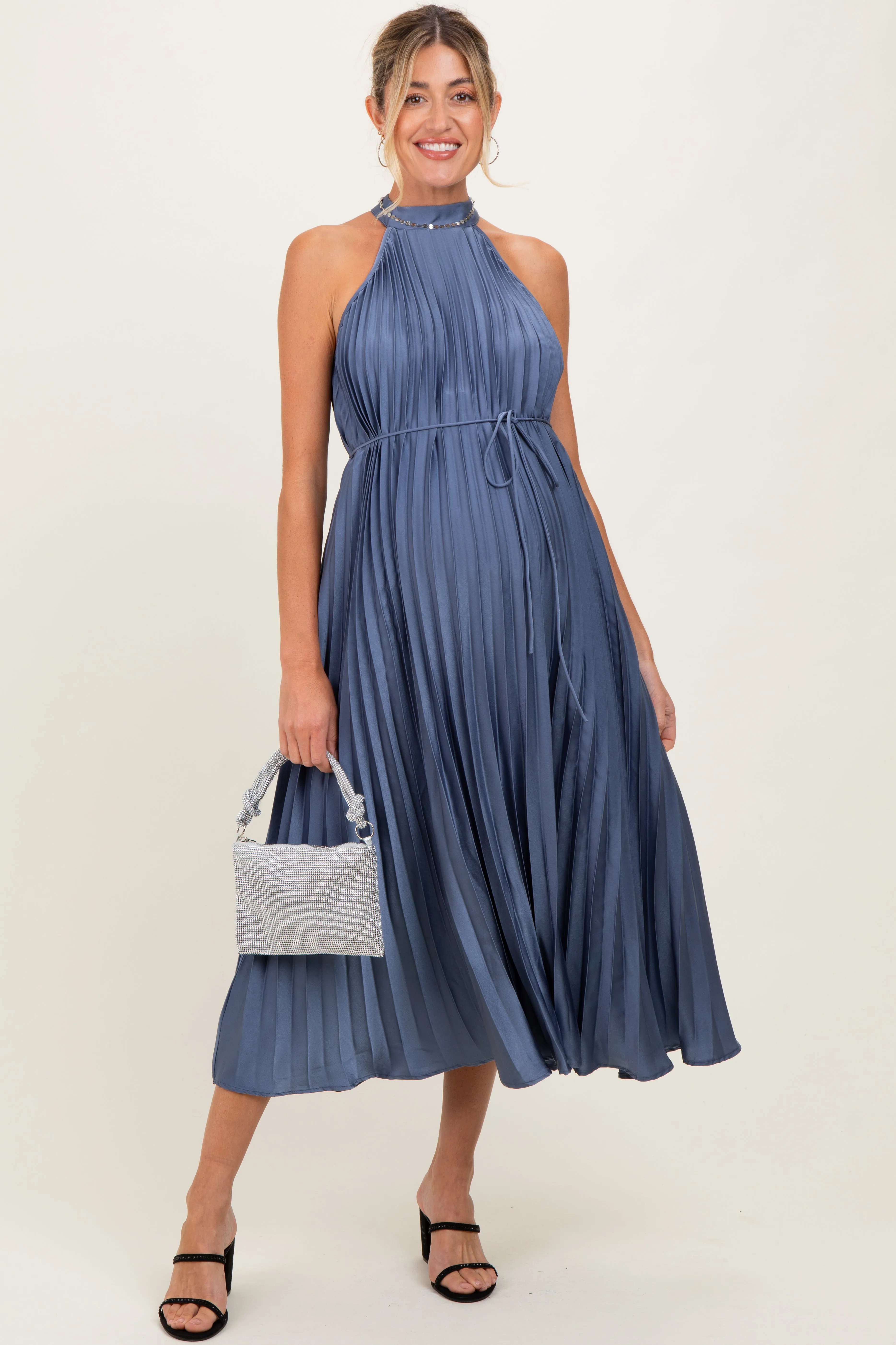 Navy Blue Pleated Maternity Halter Dress sold by Pinkblush