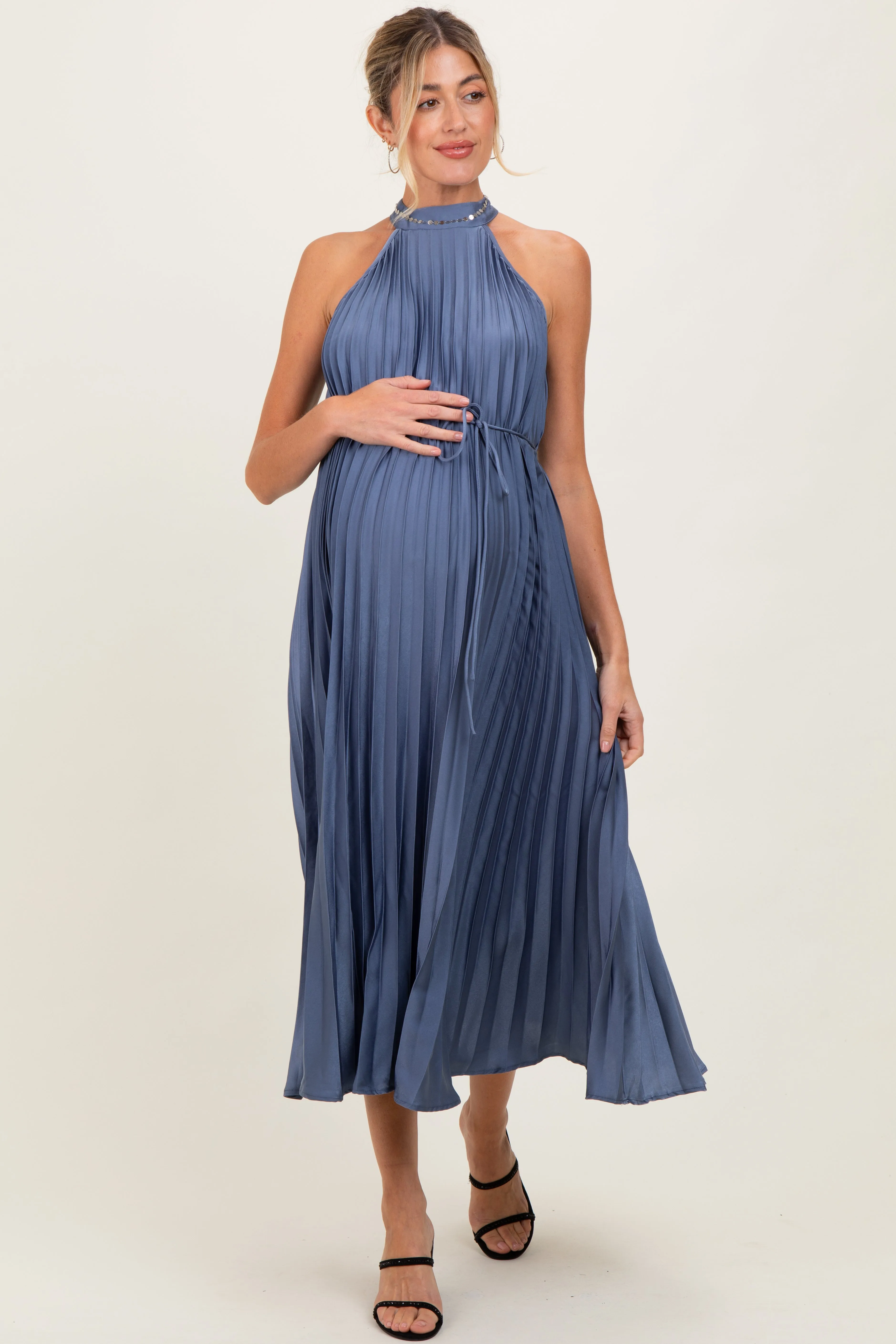 Navy Blue Pleated Maternity Halter Dress sold by Pinkblush product image thumbnail 2