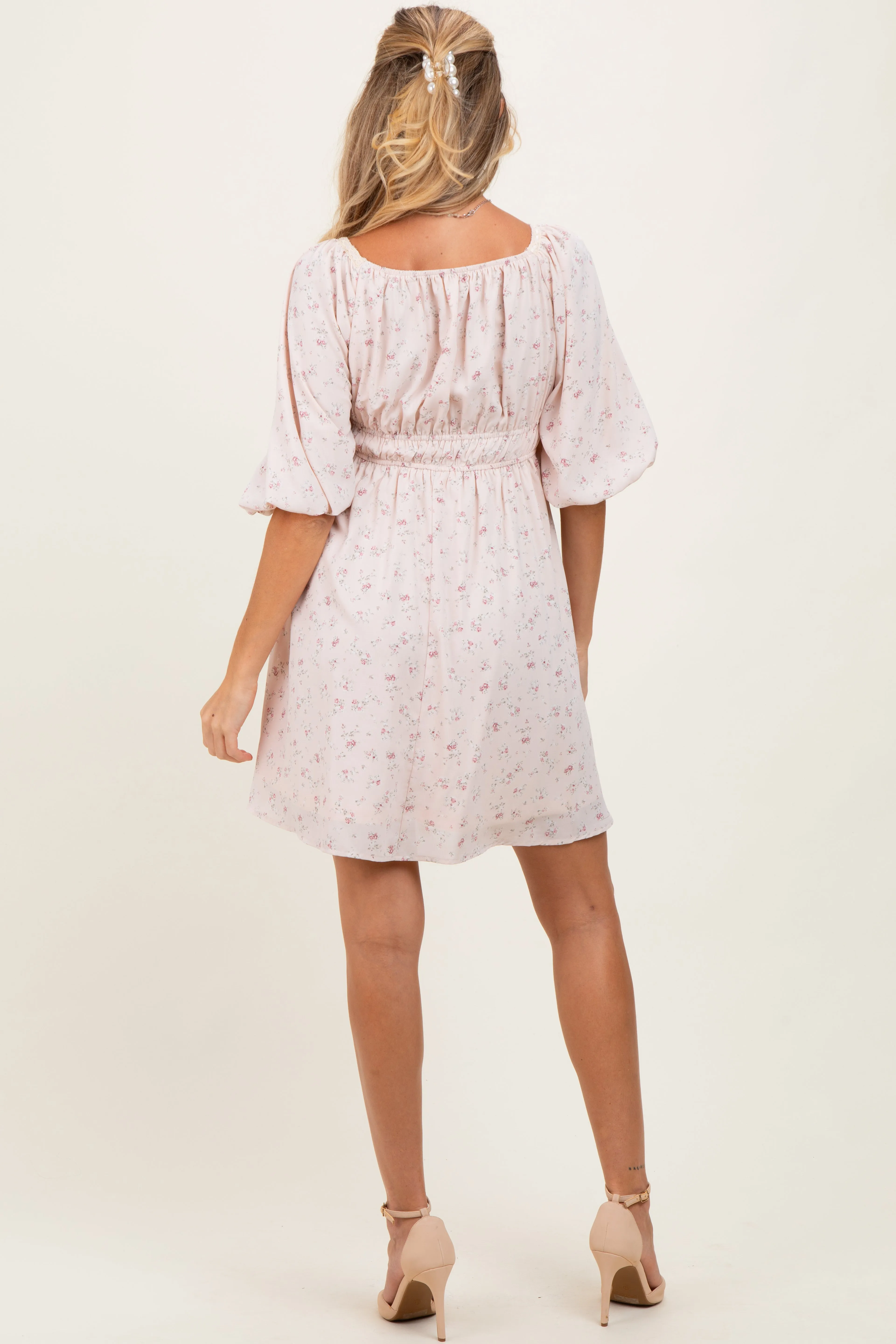 Cream Floral Square Neck Bubble Sleeve Maternity Dress sold by Pinkblush product image thumbnail 3