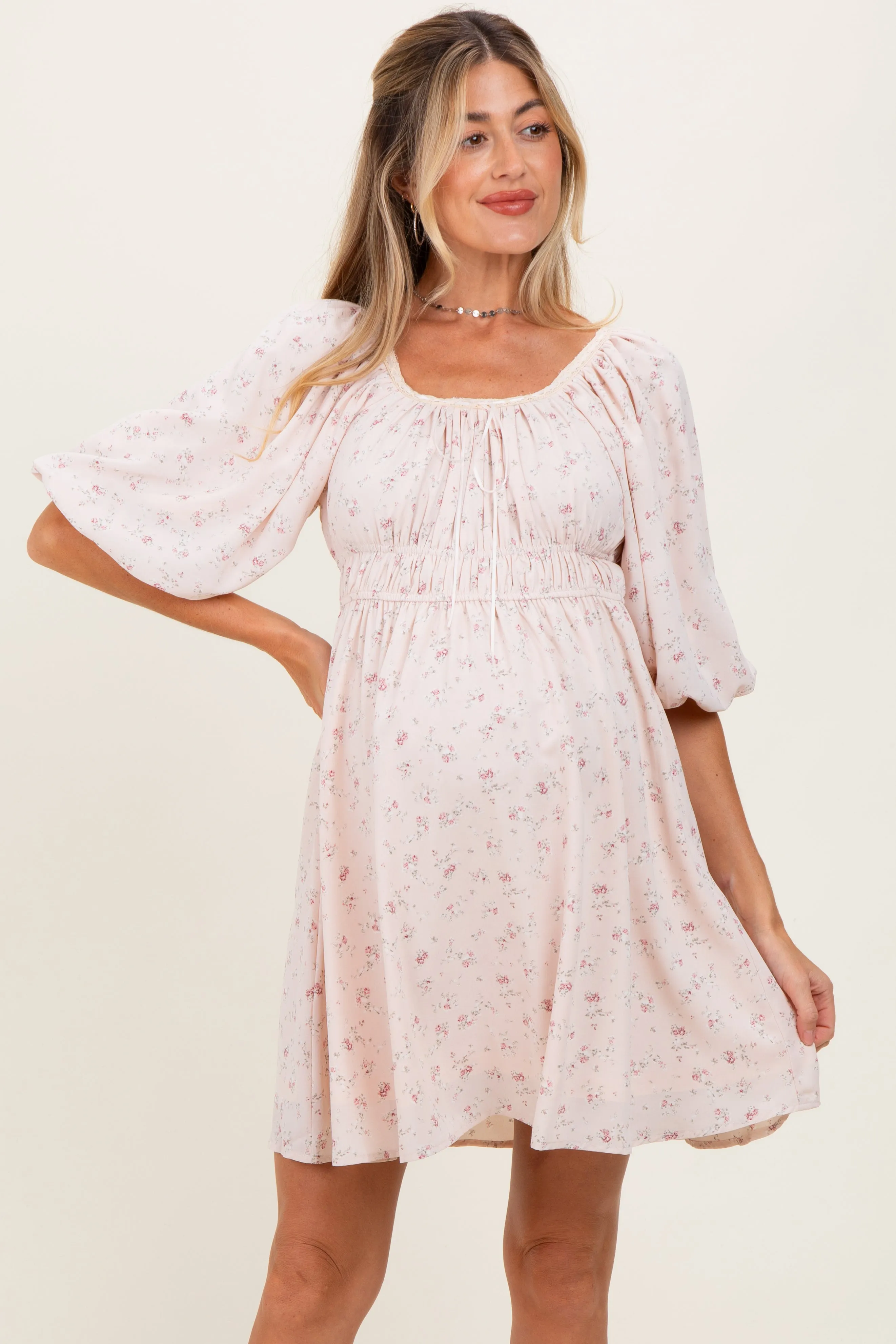 Cream Floral Square Neck Bubble Sleeve Maternity Dress sold by Pinkblush