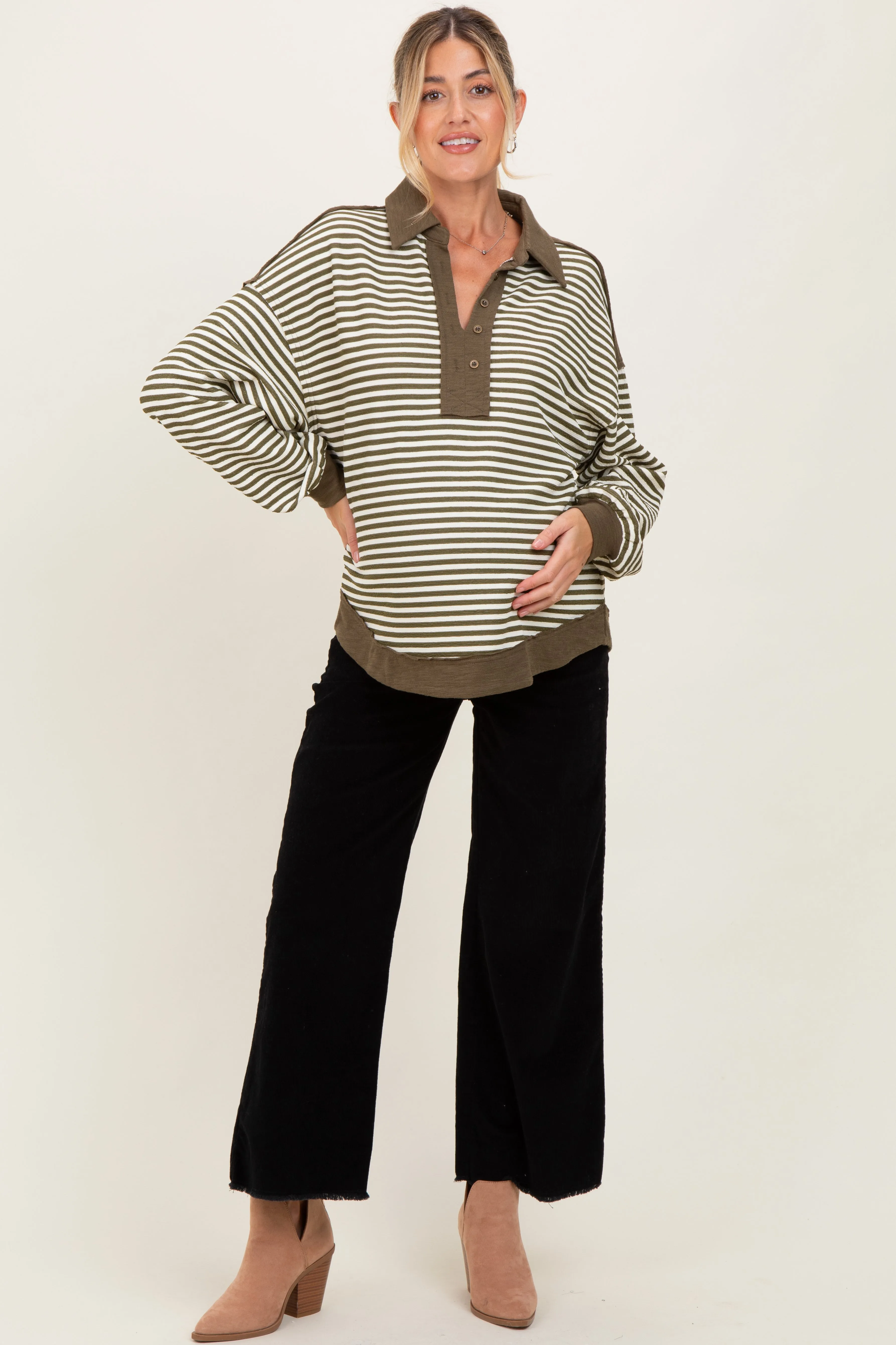 Olive Striped Oversized Collared Pullover Maternity Top sold by Pinkblush product image thumbnail 2