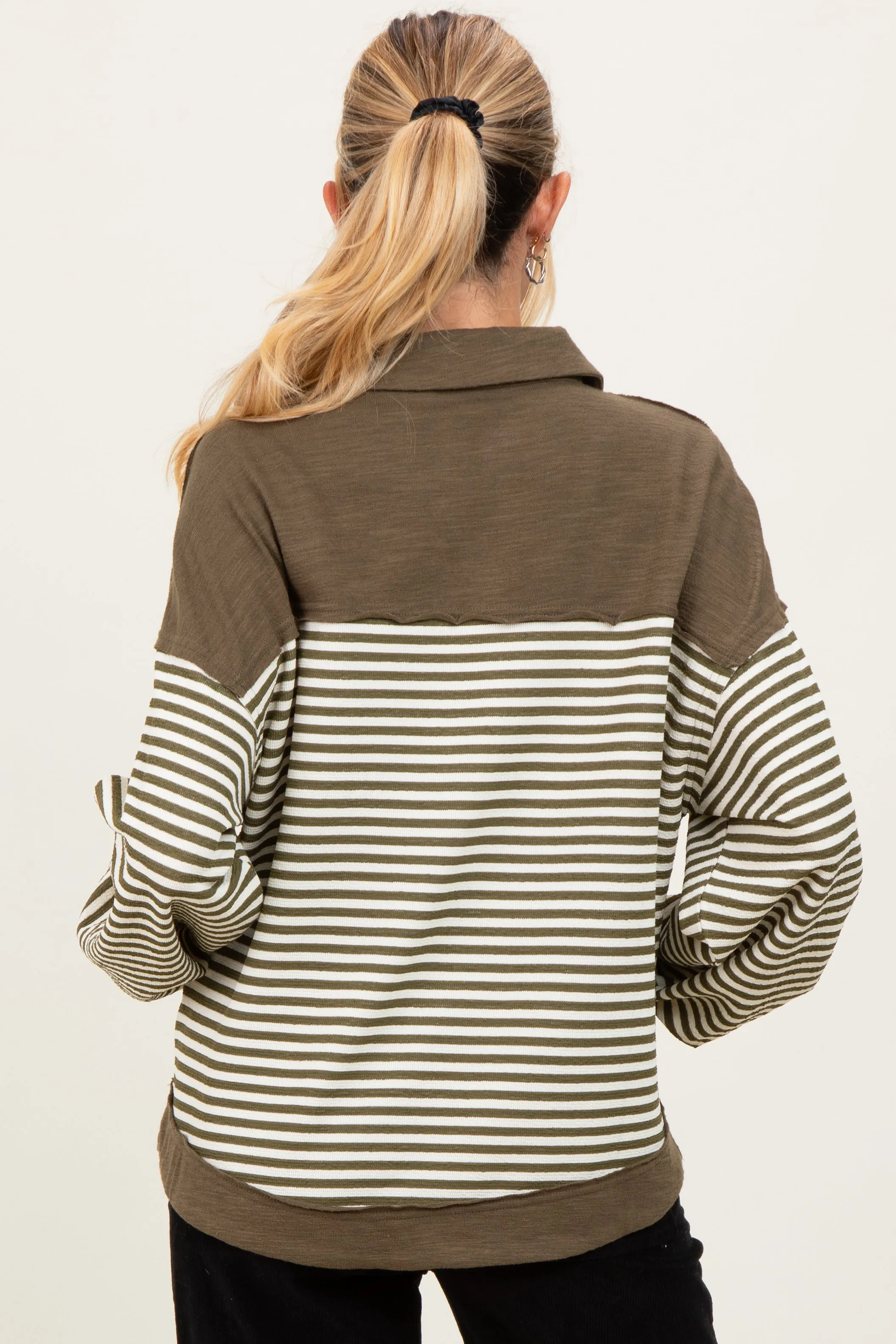 Olive Striped Oversized Collared Pullover Maternity Top sold by Pinkblush product image thumbnail 3
