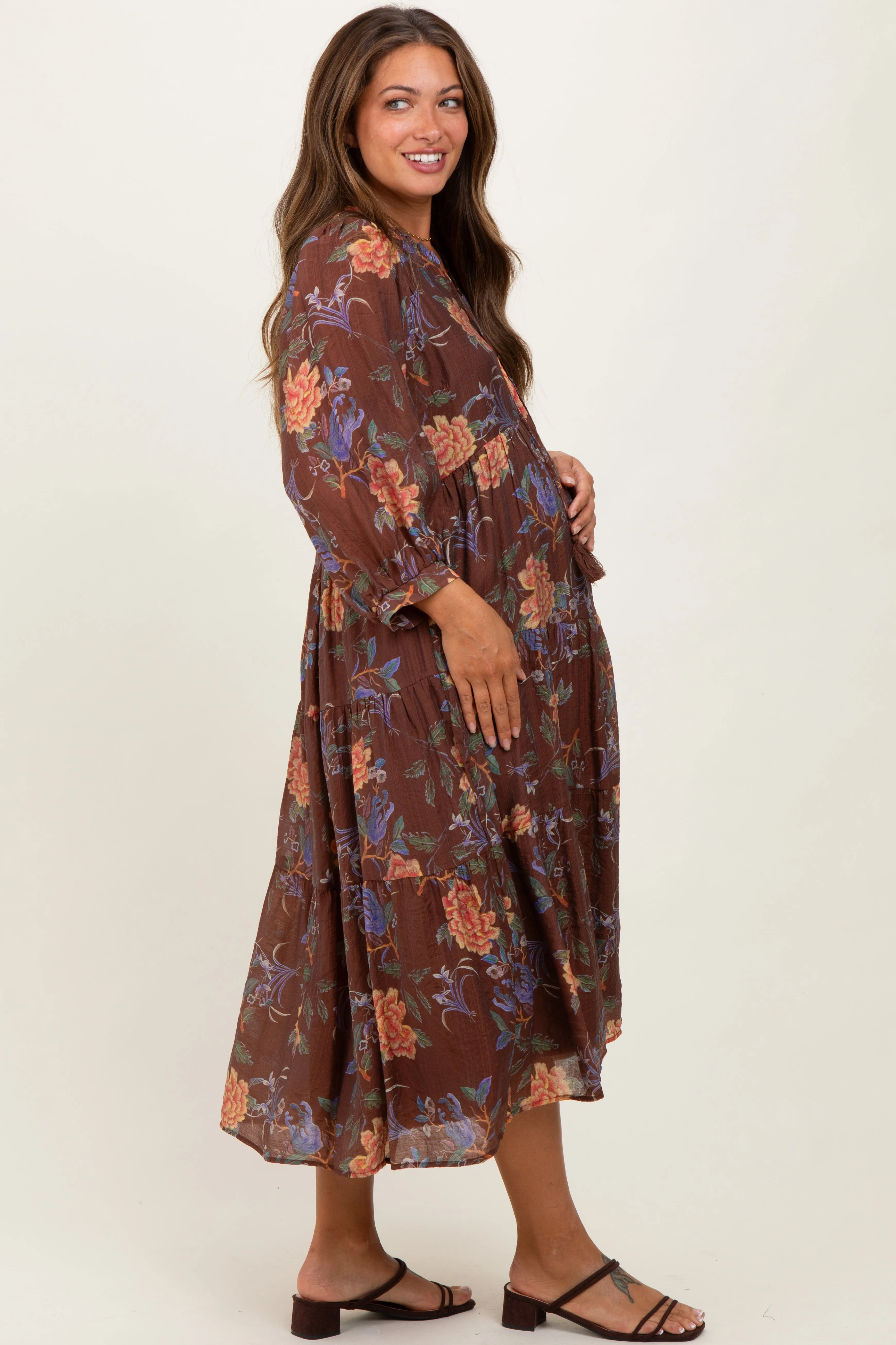 Brown Floral Front Tie Tiered Maternity Midi Dress sold by Pinkblush product image thumbnail 2