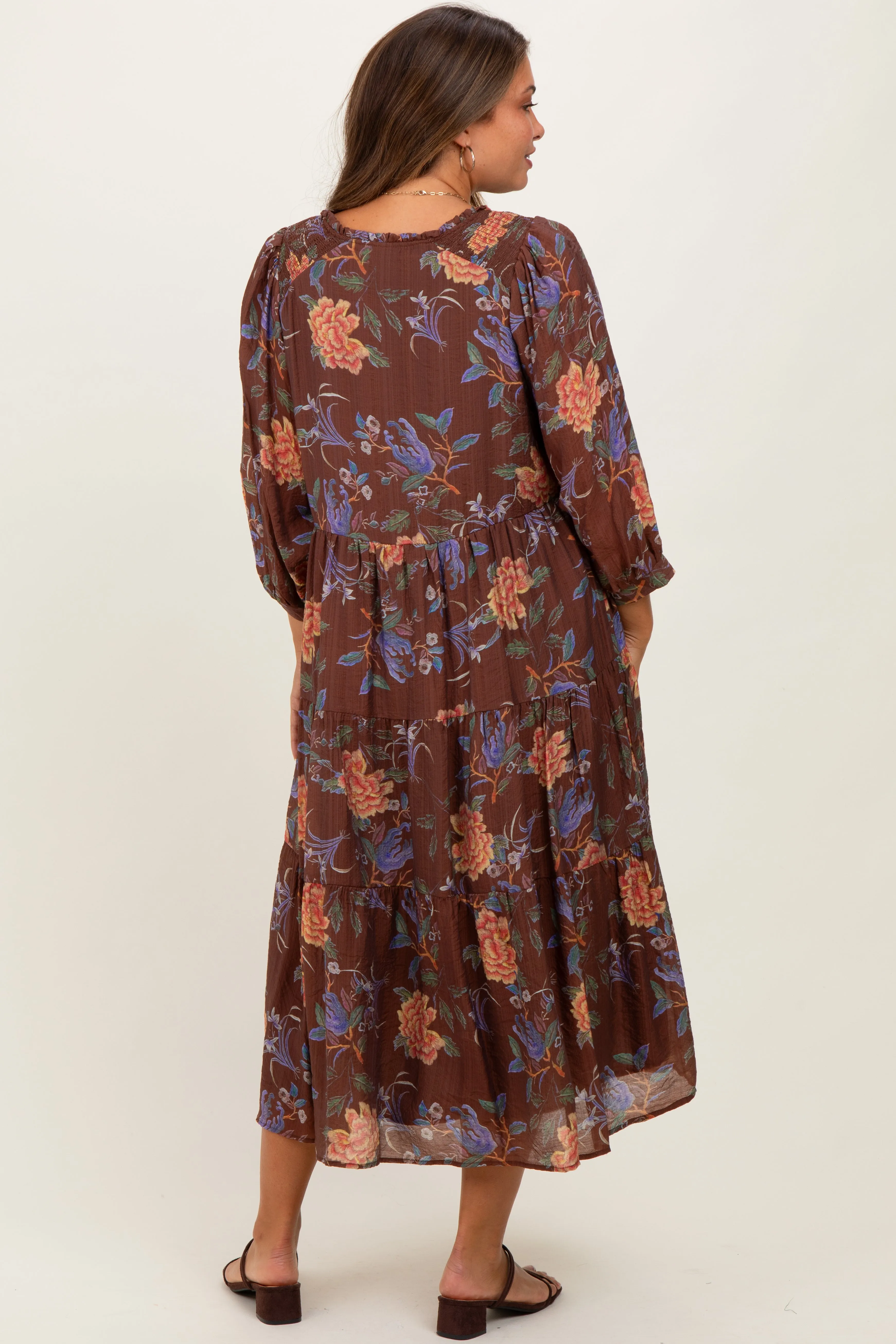 Brown Floral Front Tie Tiered Maternity Midi Dress sold by Pinkblush product image thumbnail 3