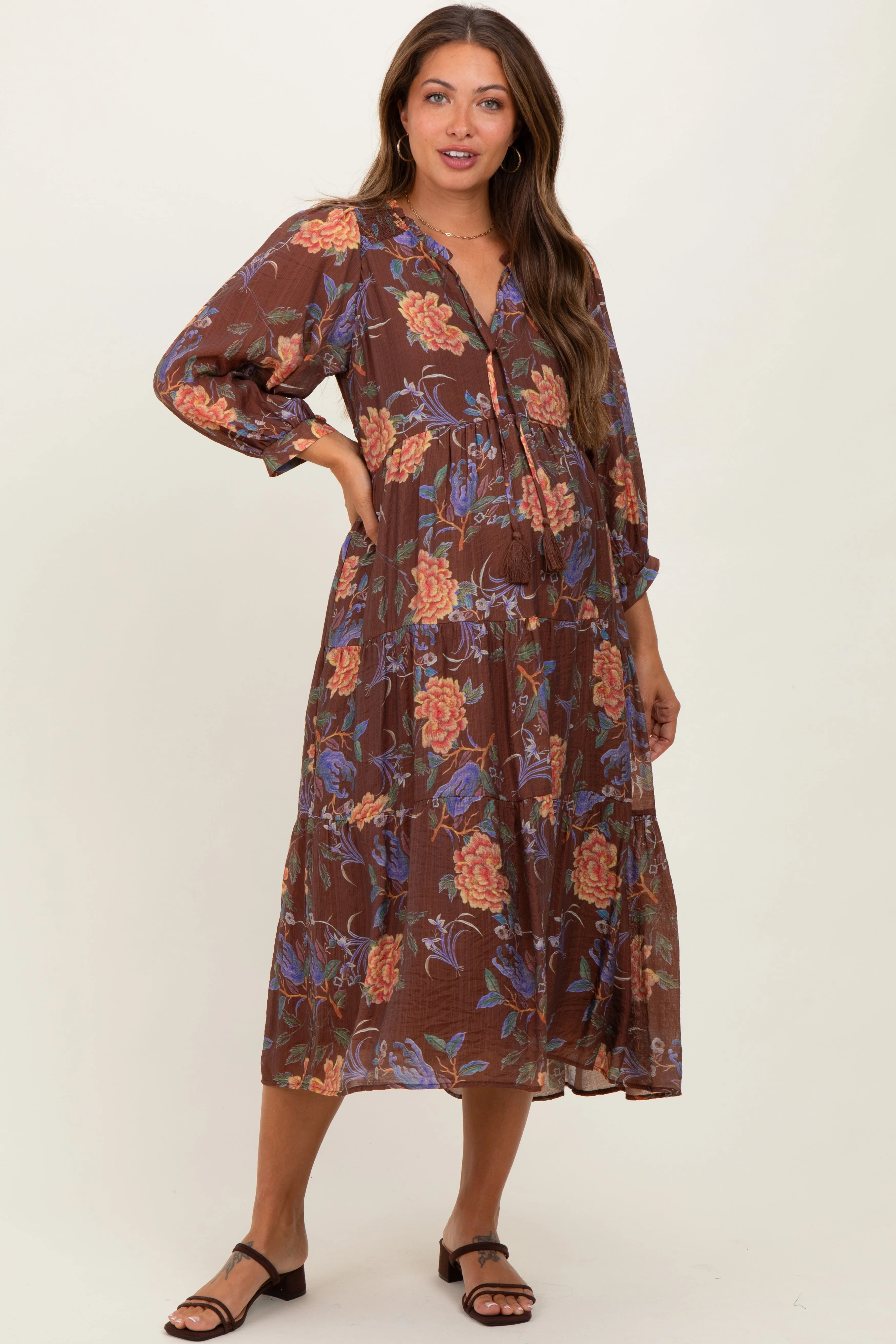 Brown Floral Front Tie Tiered Maternity Midi Dress sold by Pinkblush