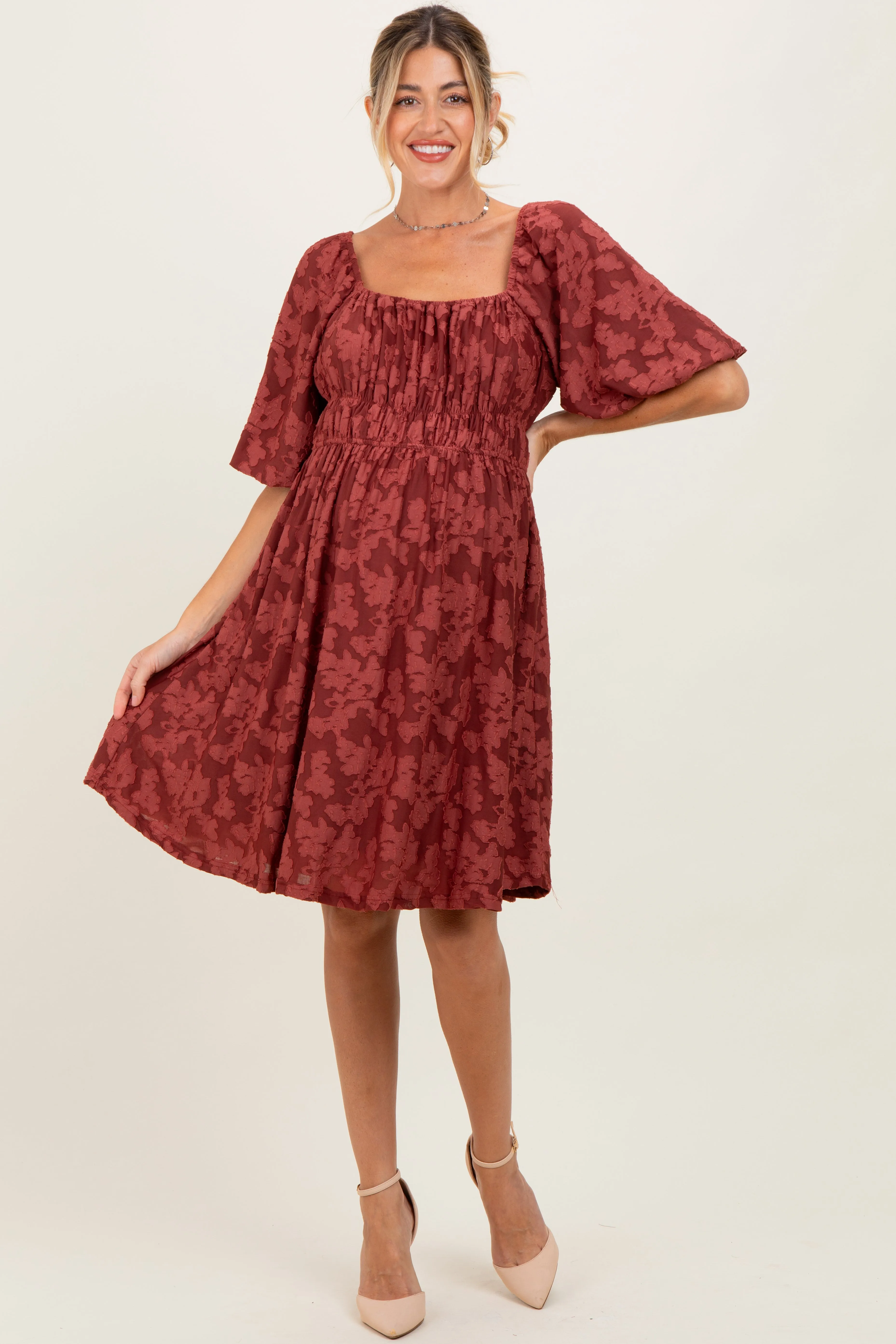 Burgundy Floral Square Neck Maternity Dress sold by Pinkblush