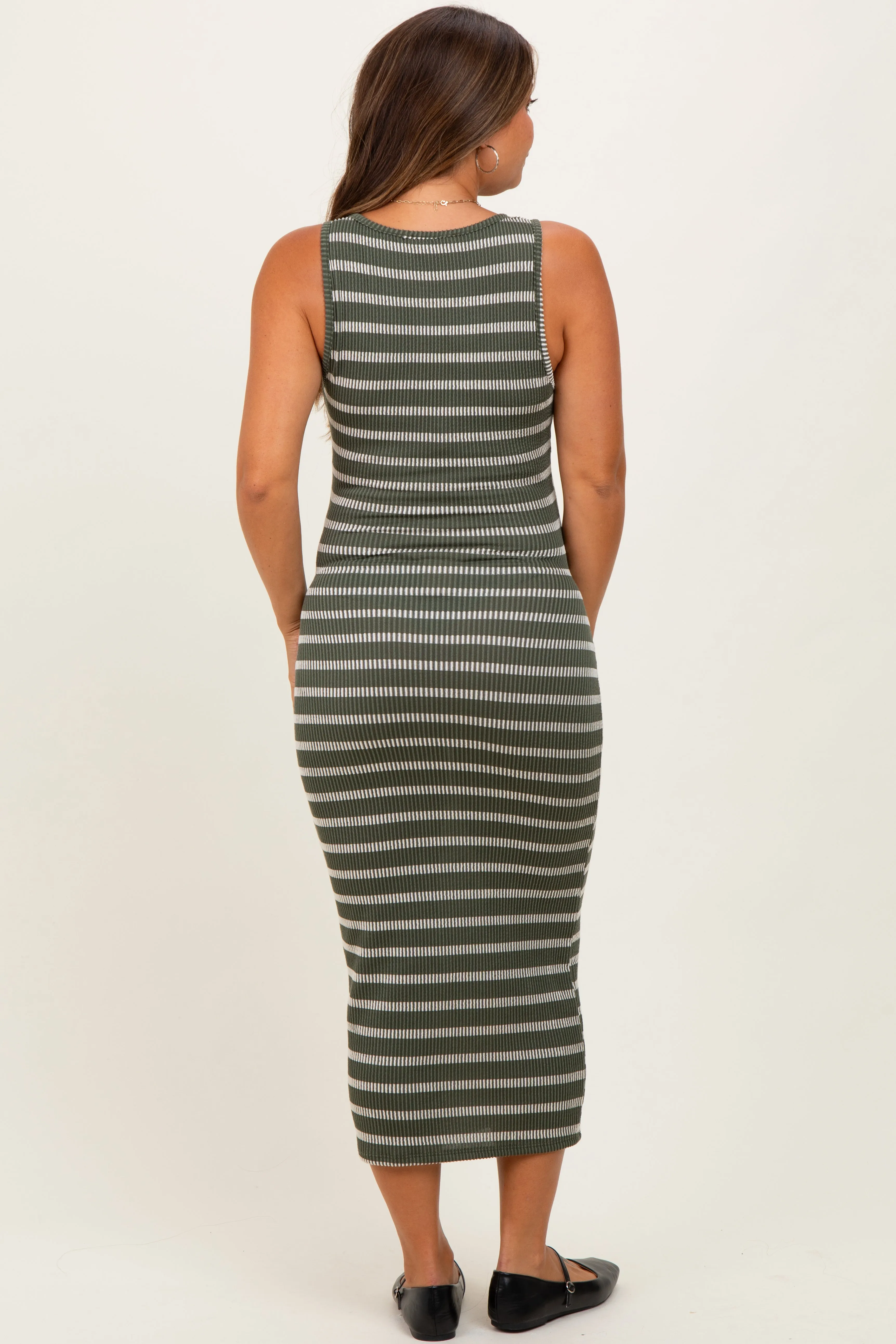 Olive Stripe Ribbed Sleeveless V Neck Maternity Maxi Dress sold by Pinkblush product image thumbnail 4