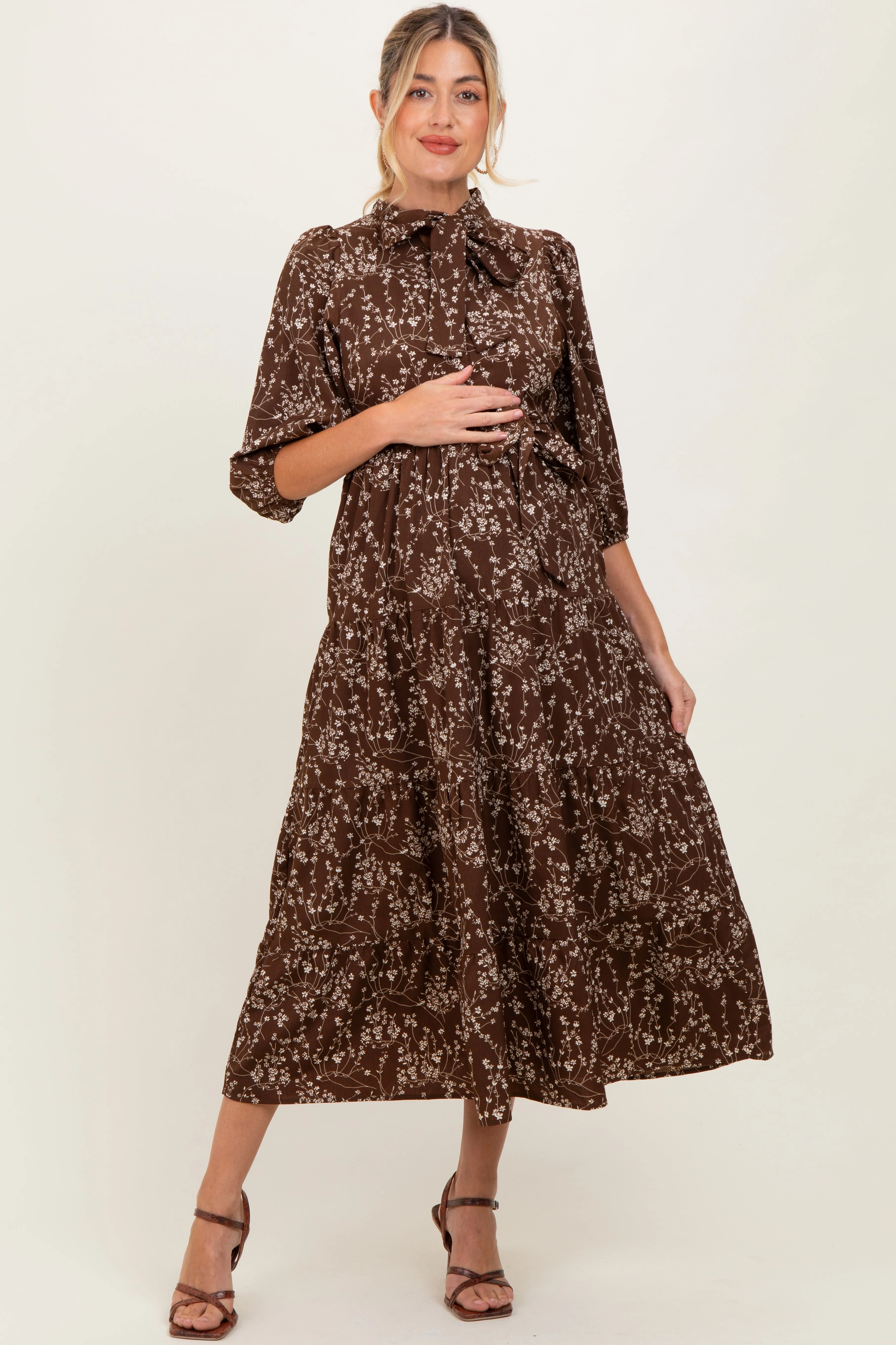 Brown Floral Neck Tie Maternity Midi Dress sold by Pinkblush product image thumbnail 2