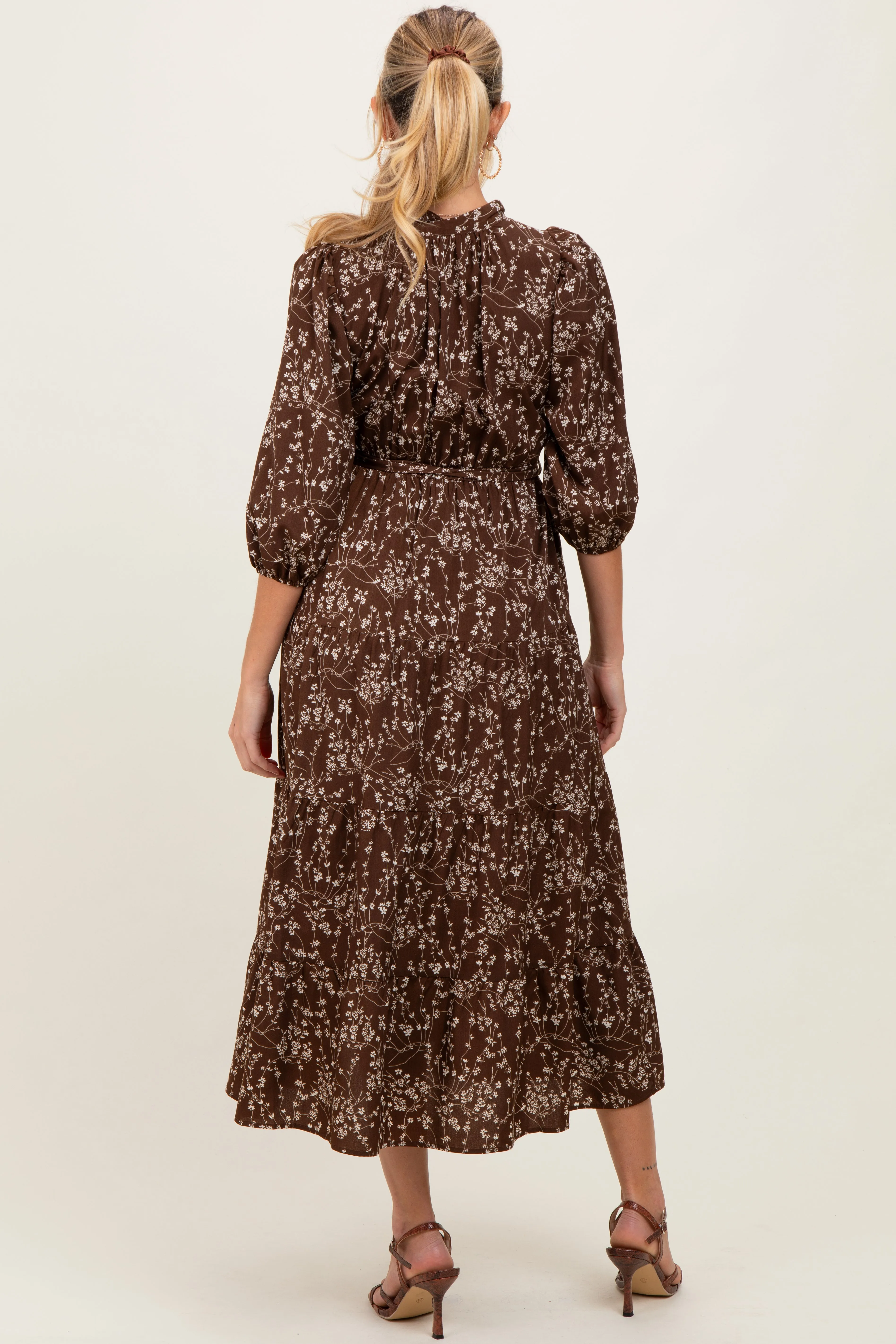 Brown Floral Neck Tie Maternity Midi Dress sold by Pinkblush product image thumbnail 3