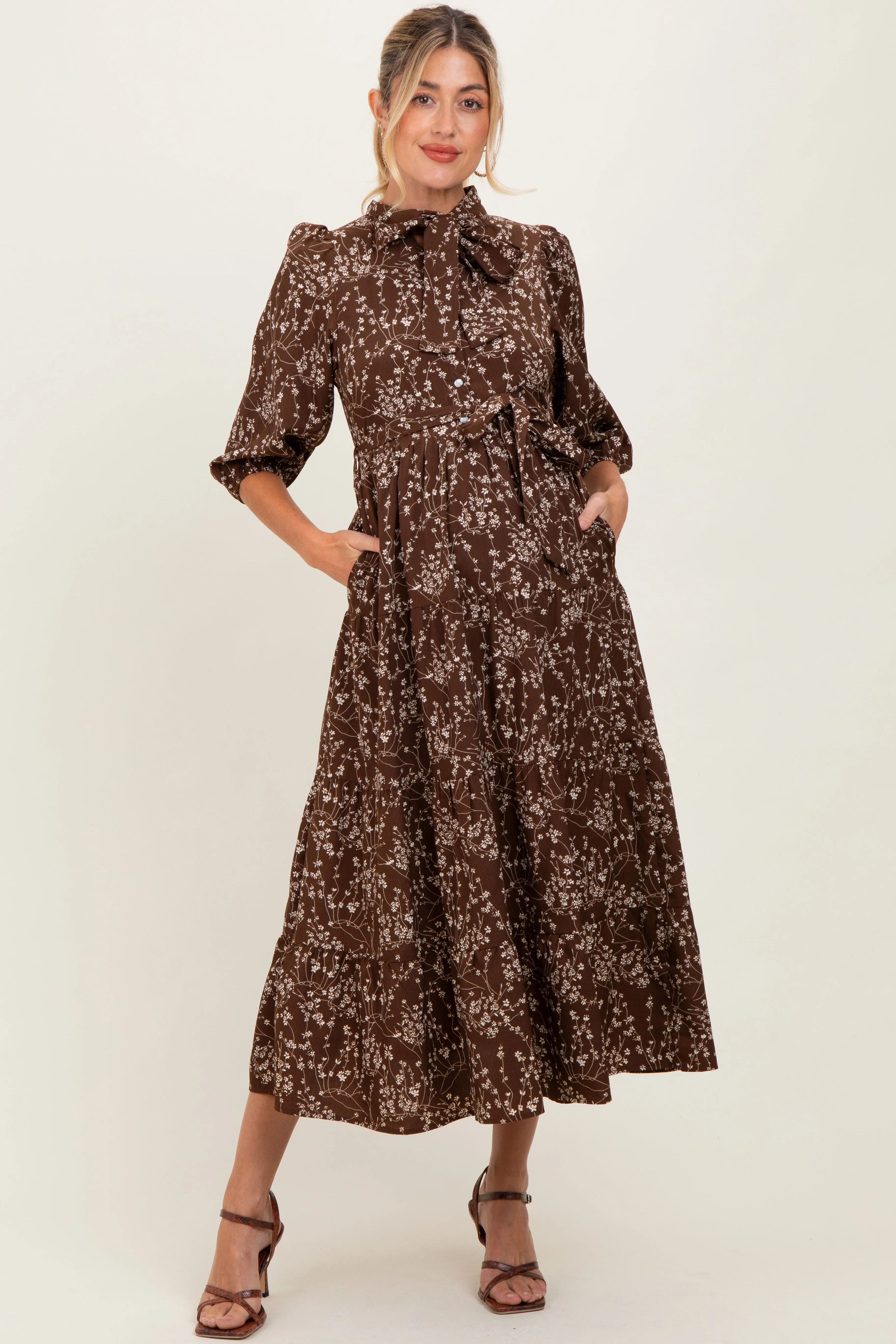 Brown Floral Neck Tie Maternity Midi Dress sold by Pinkblush