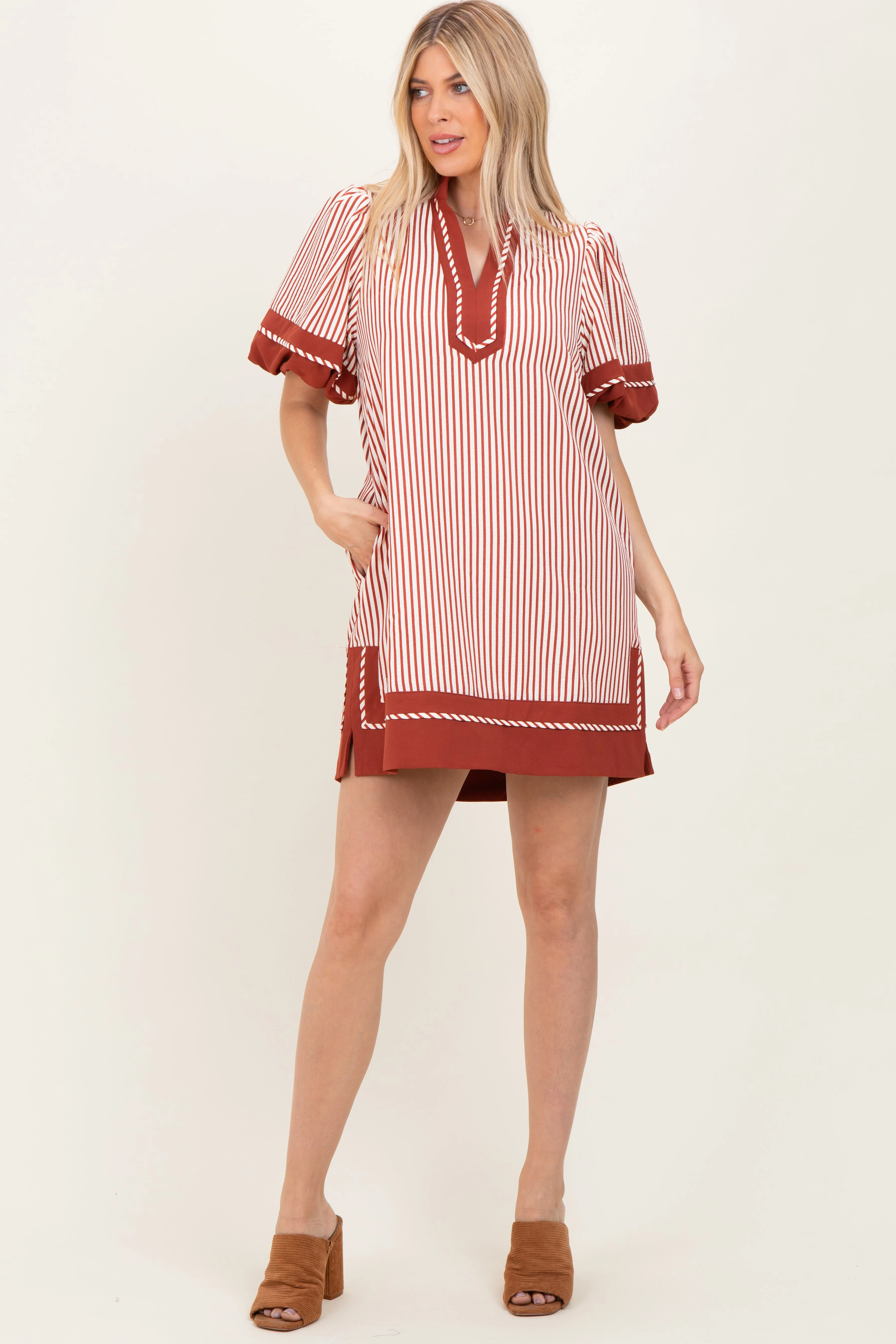 Rust Striped Contrast Border Maternity Mini Dress sold by Pinkblush product image thumbnail 3