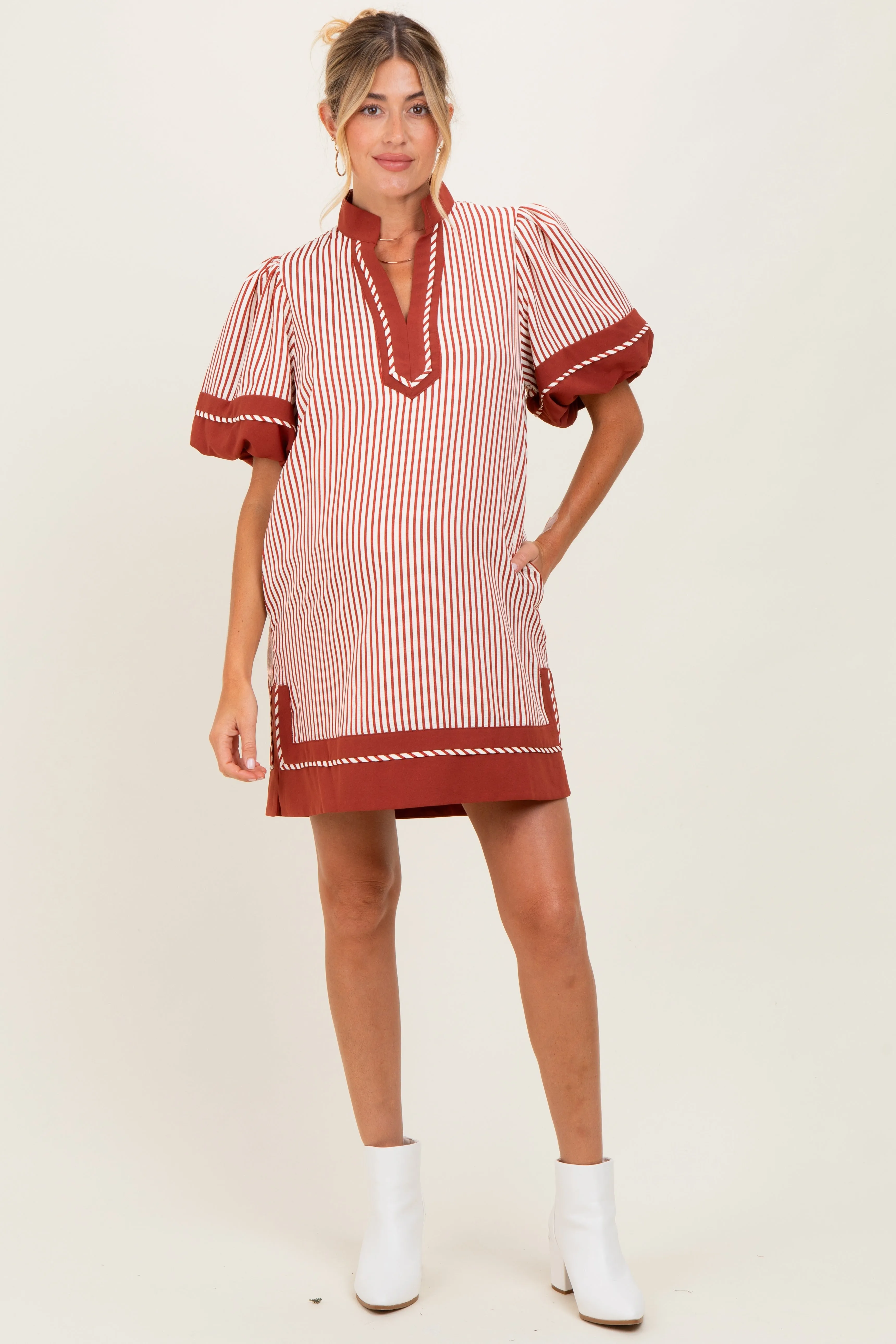 Rust Striped Contrast Border Maternity Mini Dress sold by Pinkblush