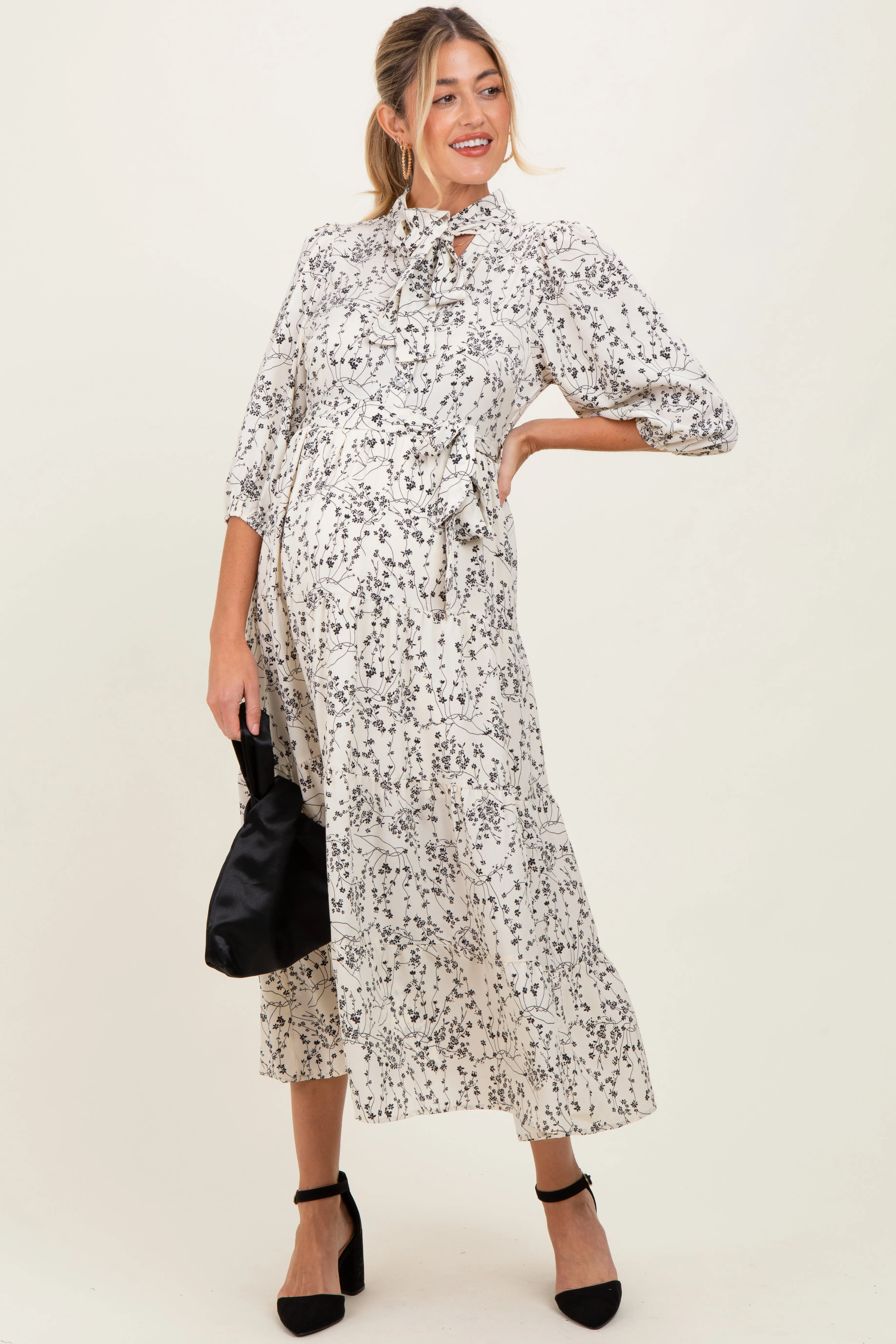 Cream Floral Neck Tie Maternity Midi Dress sold by Pinkblush
