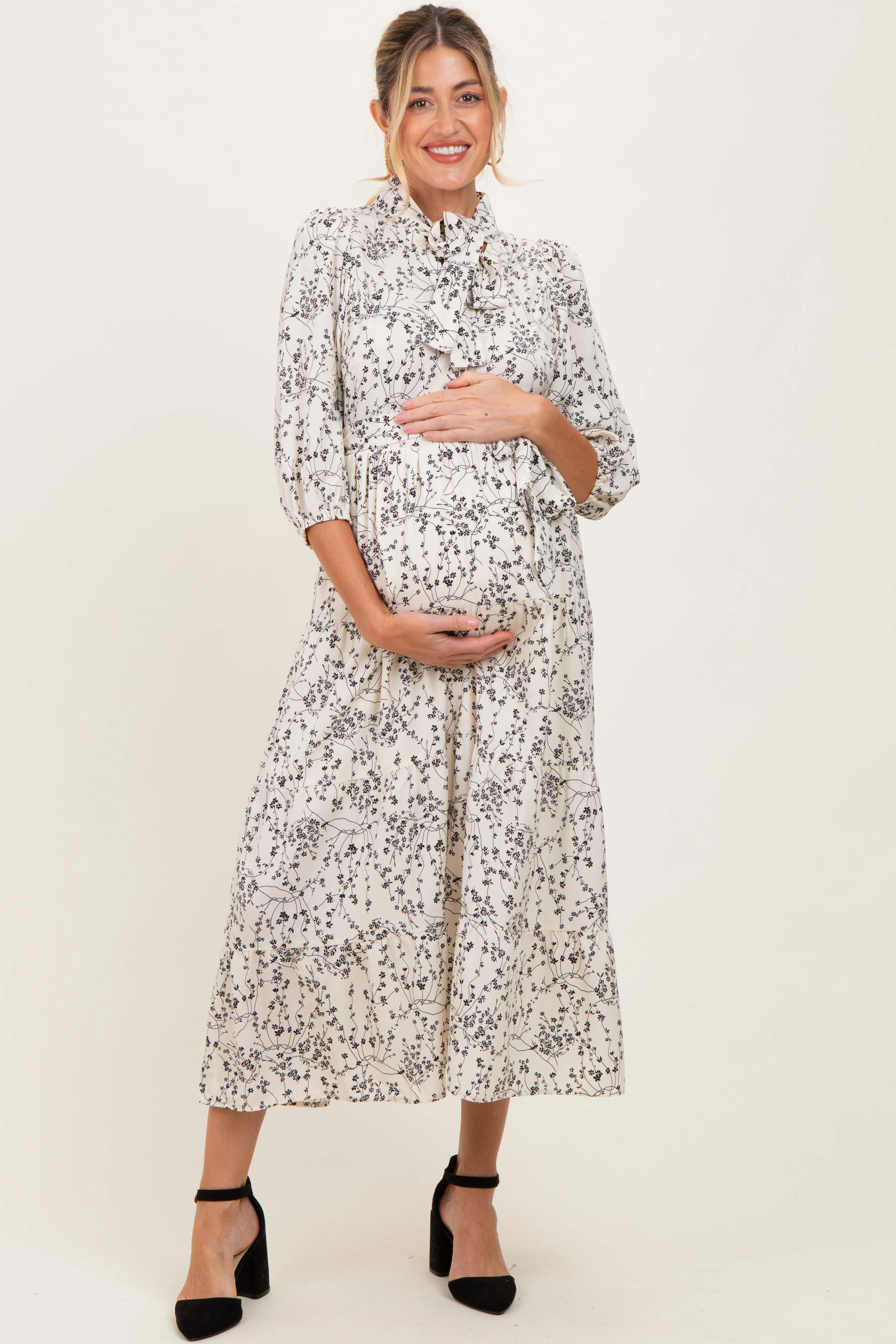 Cream Floral Neck Tie Maternity Midi Dress sold by Pinkblush product image thumbnail 2