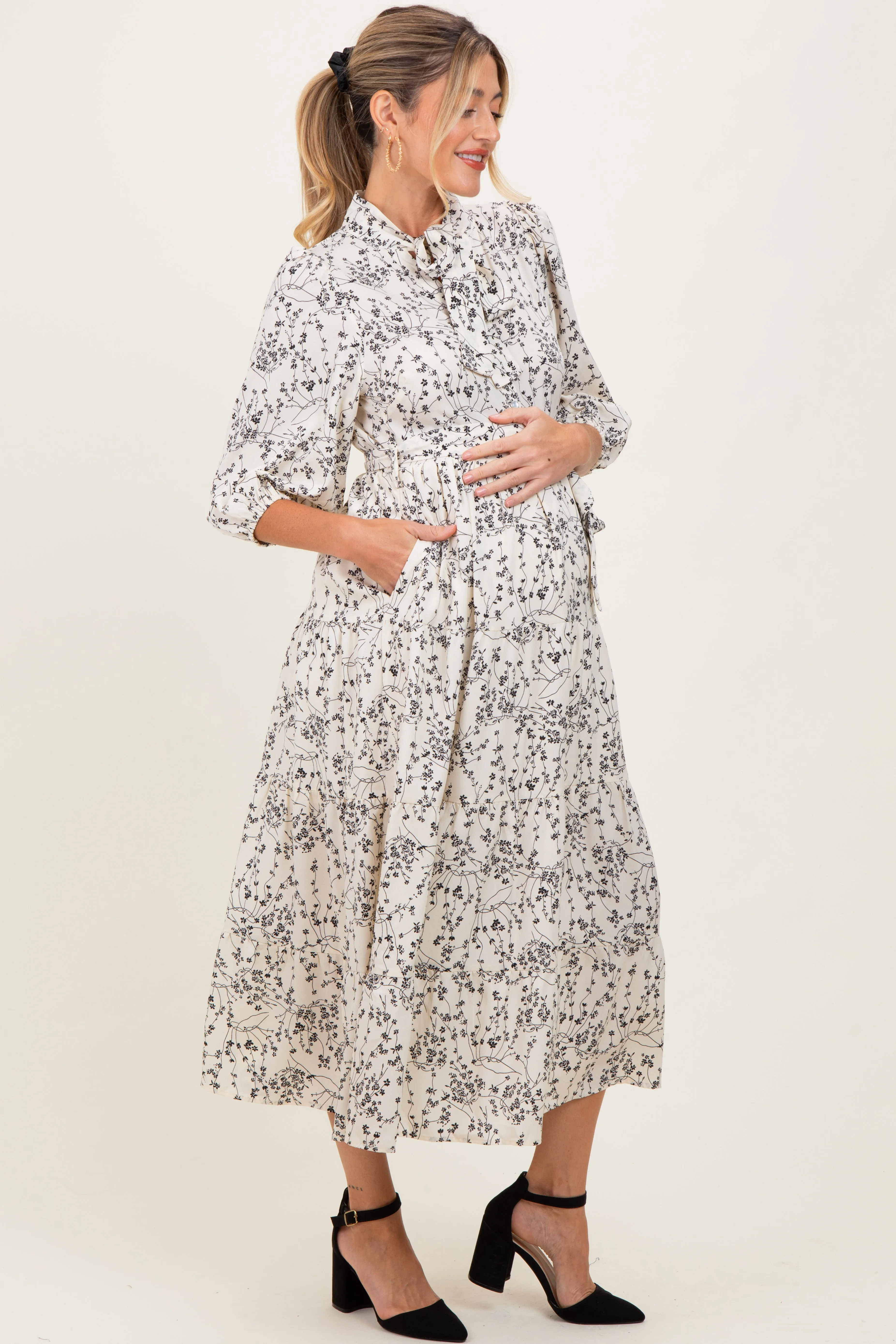 Cream Floral Neck Tie Maternity Midi Dress sold by Pinkblush product image thumbnail 3