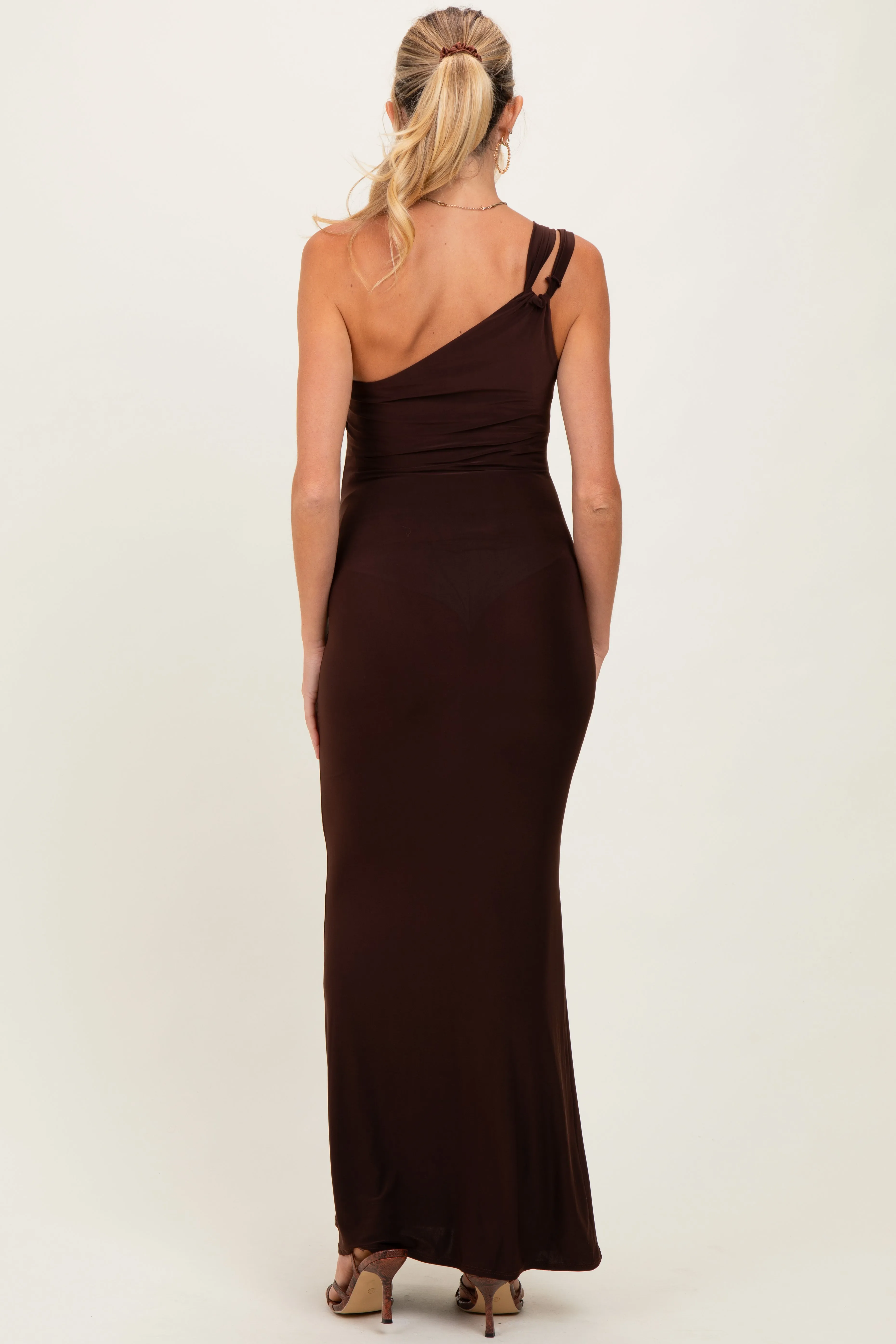 Brown Double Strap One Shoulder Maternity Maxi Dress sold by Pinkblush product image thumbnail 3