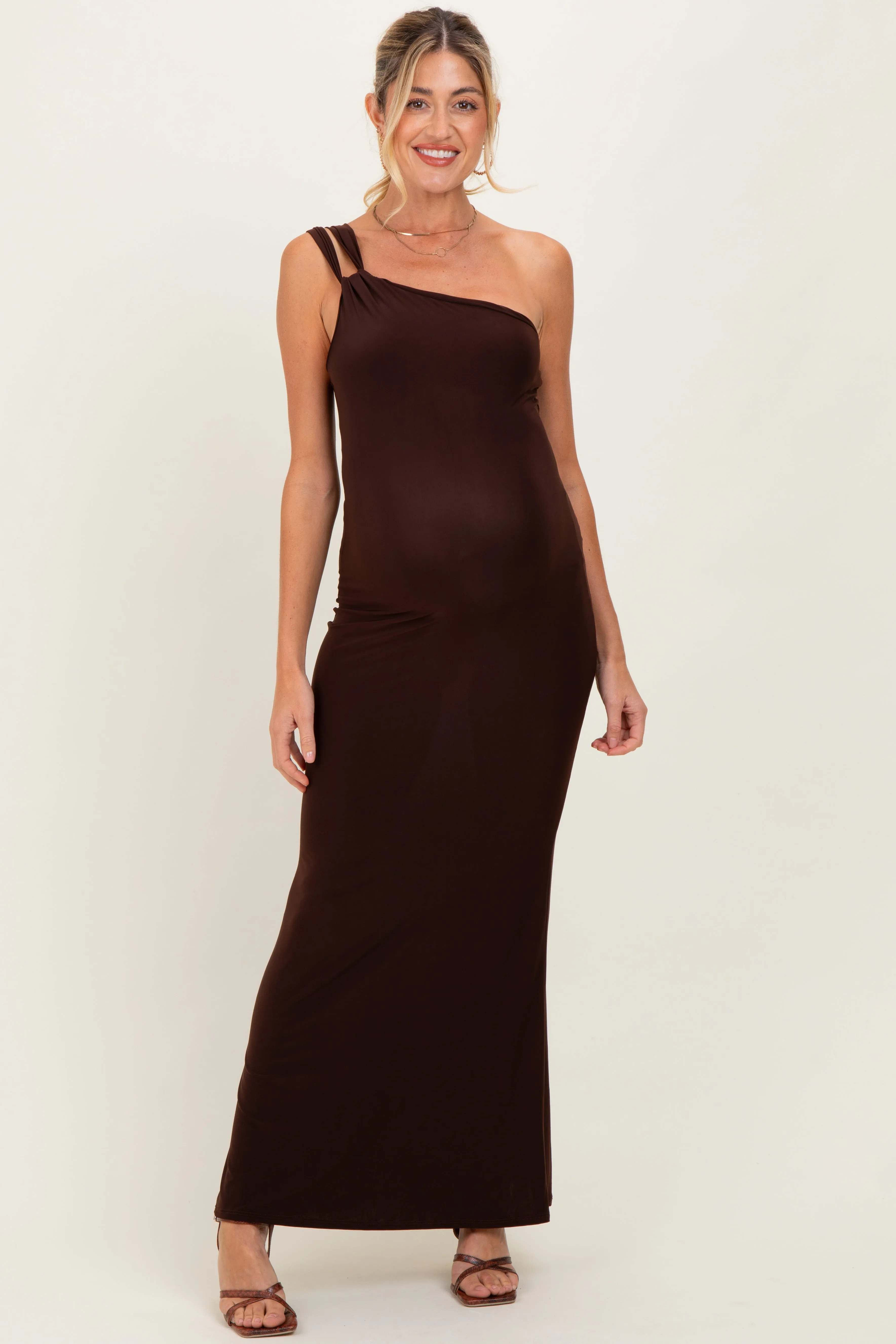 Brown Double Strap One Shoulder Maternity Maxi Dress sold by Pinkblush
