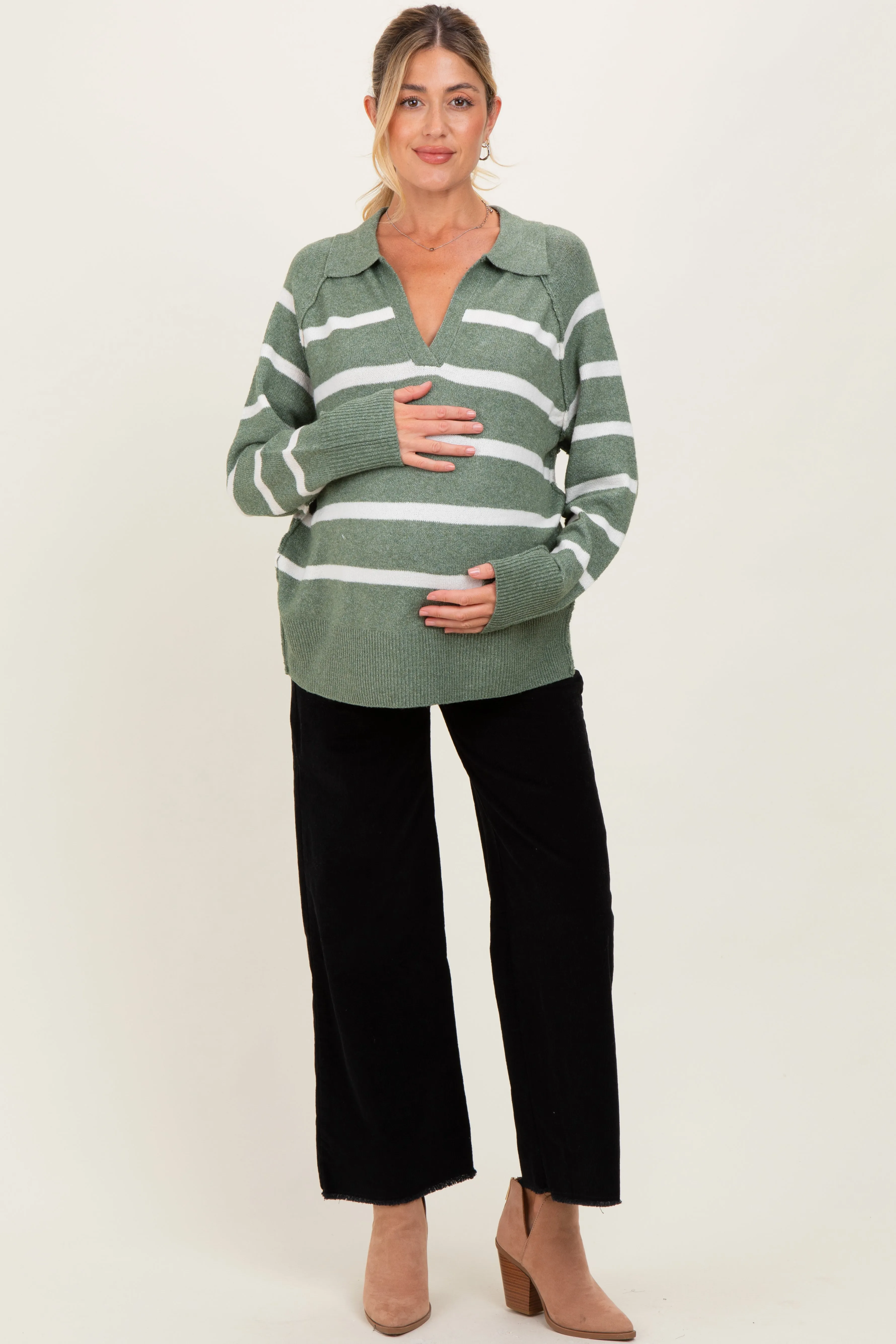 Light Olive Striped Oversized Polo Maternity Sweater sold by Pinkblush product image thumbnail 3