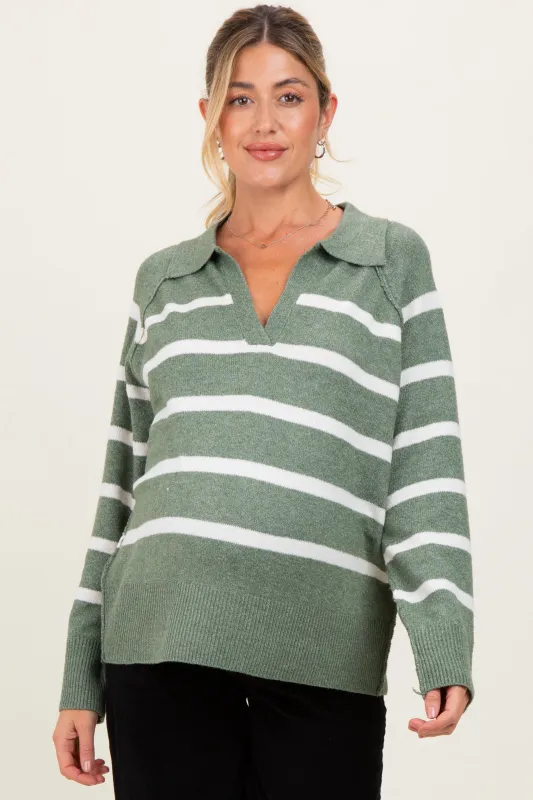 Light Olive Striped Oversized Polo Maternity Sweater sold by Pinkblush