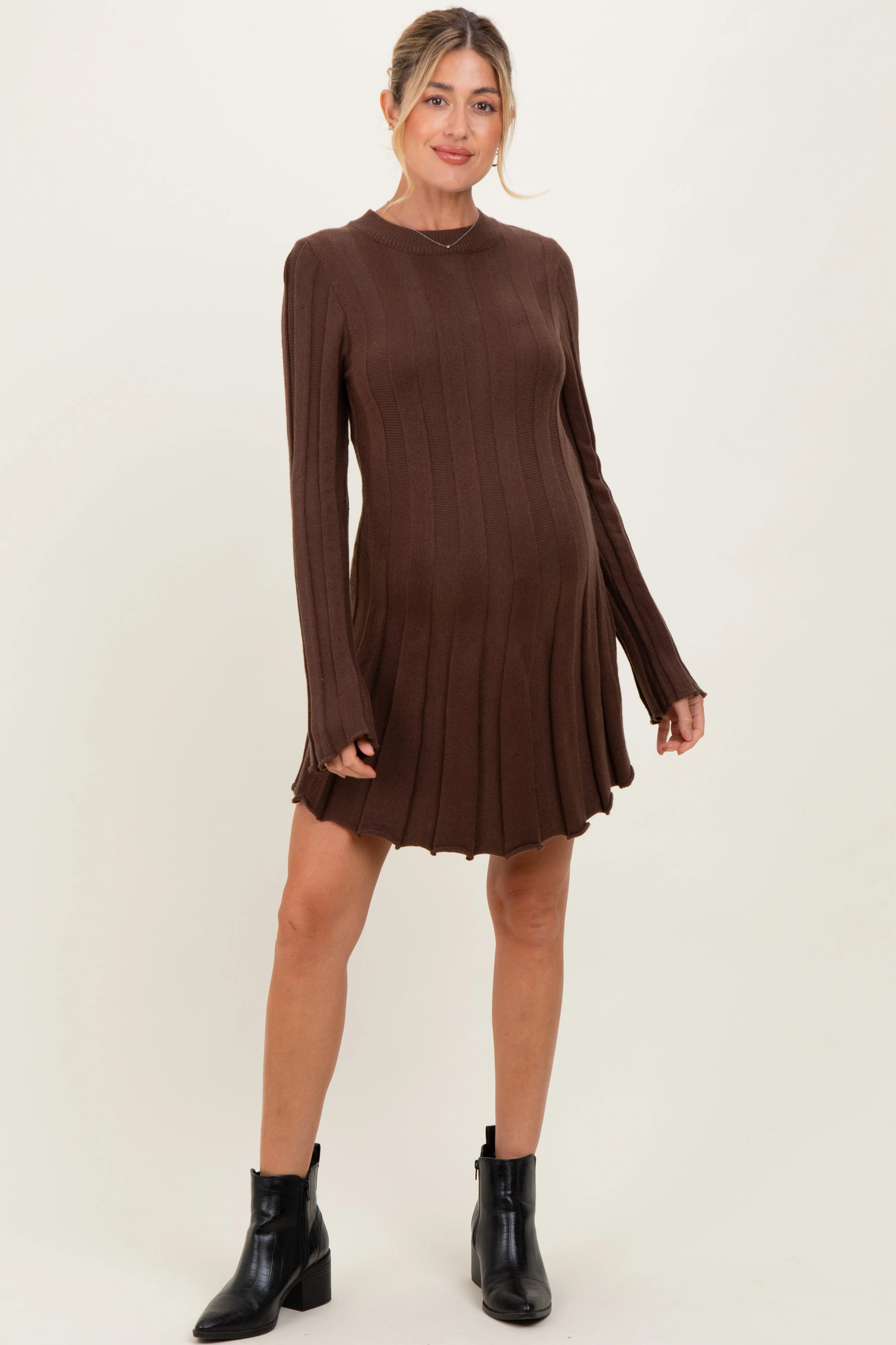 Brown Wide Rib Maternity Mini Sweater Dress sold by Pinkblush