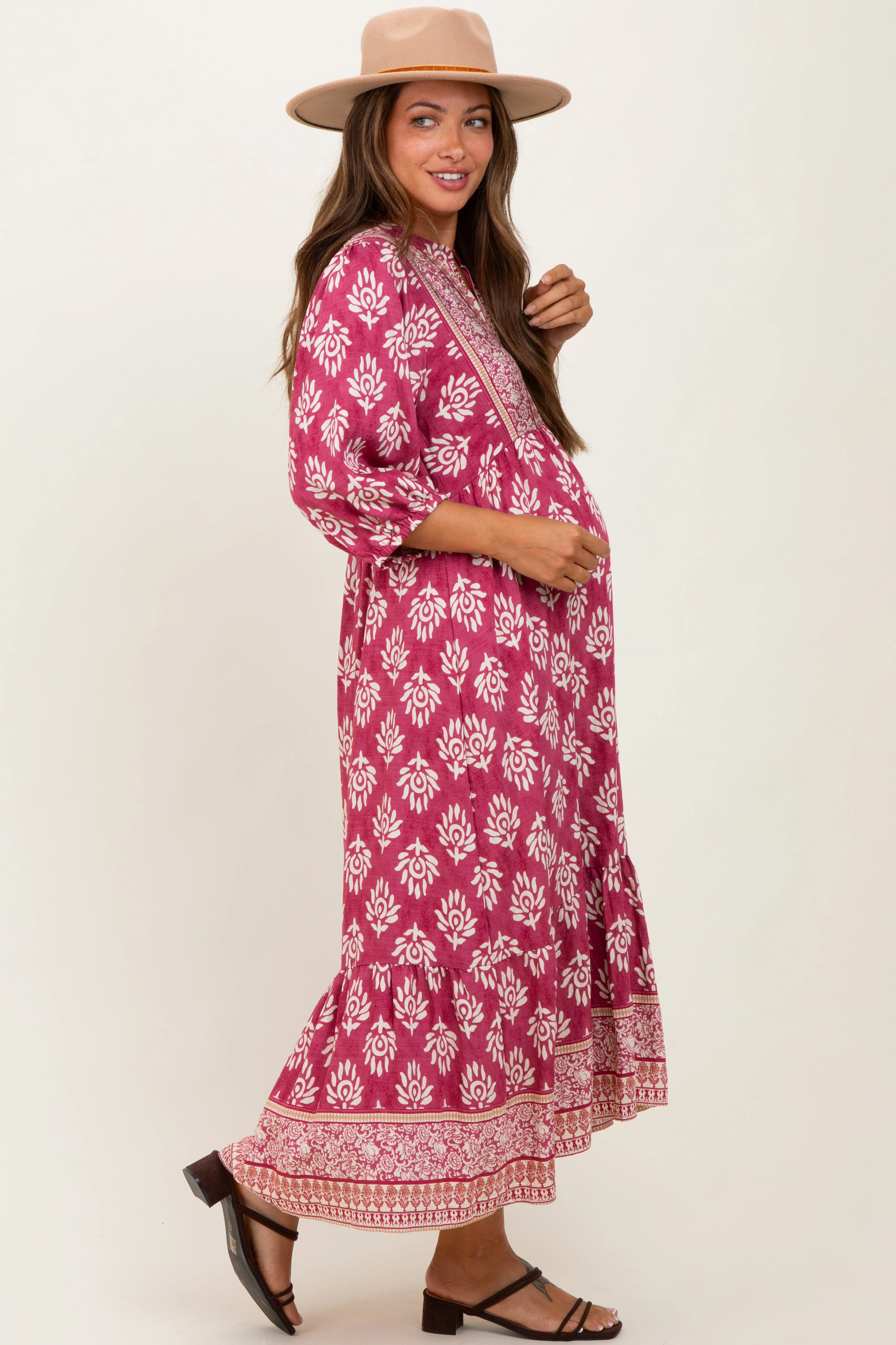 Pink Floral Contrast Print 3/4 Sleeve Maternity Midi Dress sold by Pinkblush product image thumbnail 3