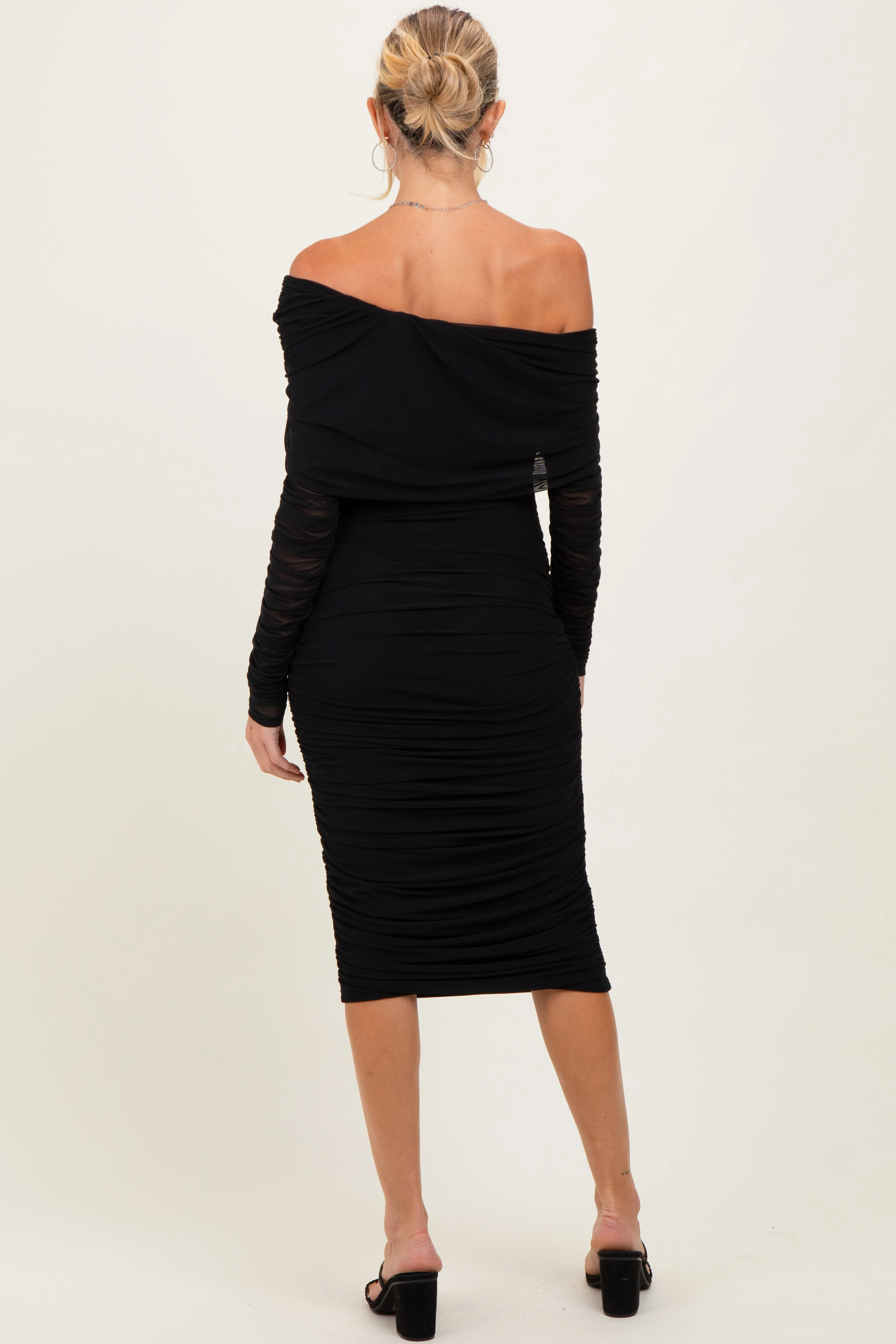 Black Ruched Mesh Off Shoulder Long Sleeve Maternity Midi Dress sold by Pinkblush product image thumbnail 4