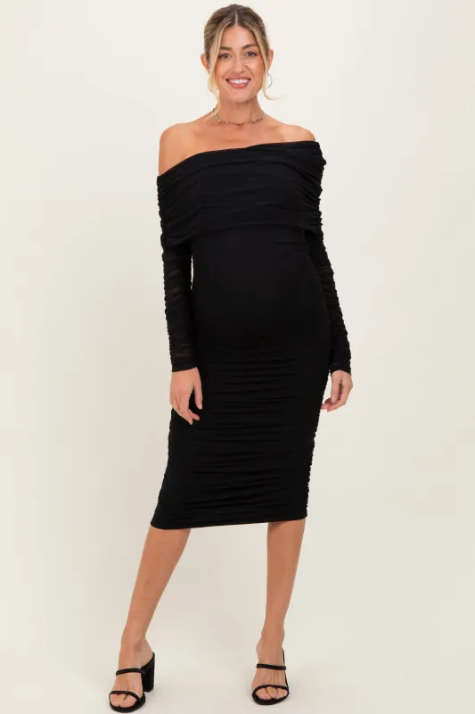 Black Ruched Mesh Off Shoulder Long Sleeve Maternity Midi Dress sold by Pinkblush