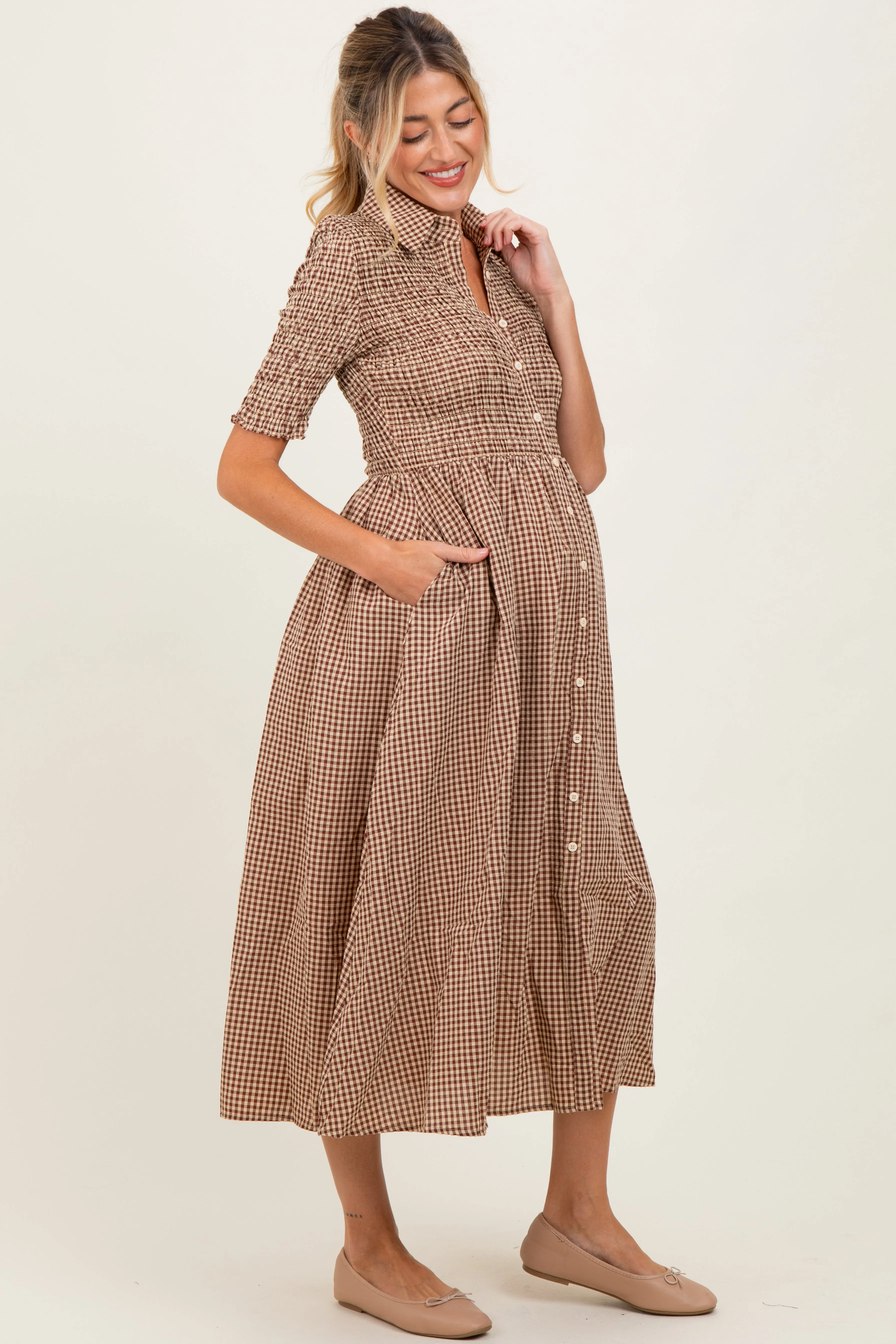 Mocha Gingham Smocked Button Down Maternity Midi Dress sold by Pinkblush product image thumbnail 2