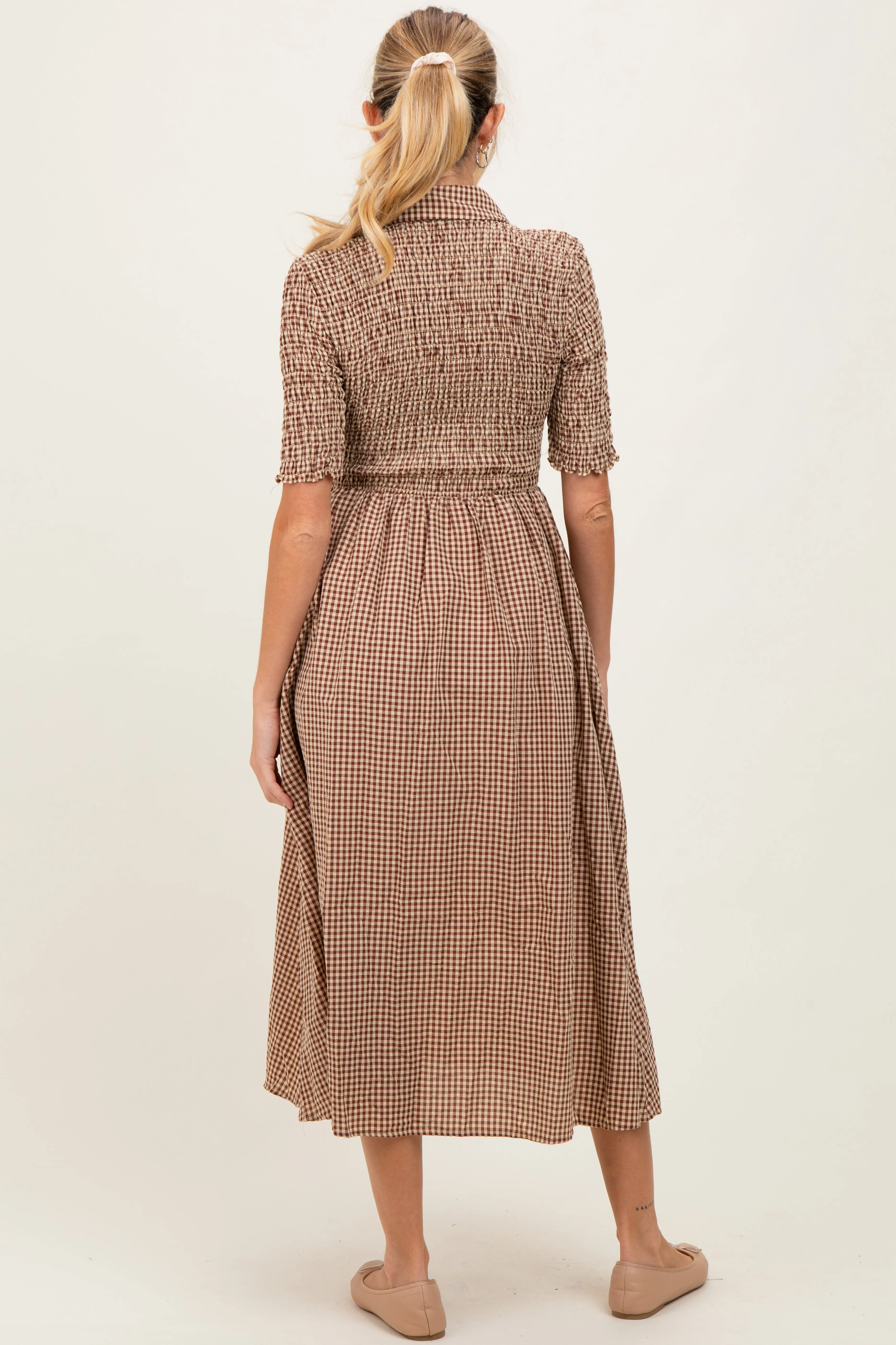 Mocha Gingham Smocked Button Down Maternity Midi Dress sold by Pinkblush product image thumbnail 3