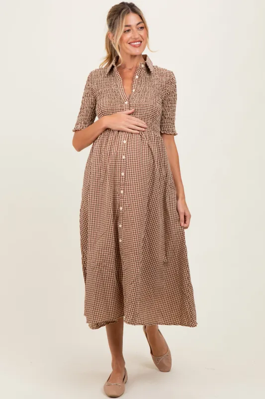 Mocha Gingham Smocked Button Down Maternity Midi Dress sold by Pinkblush