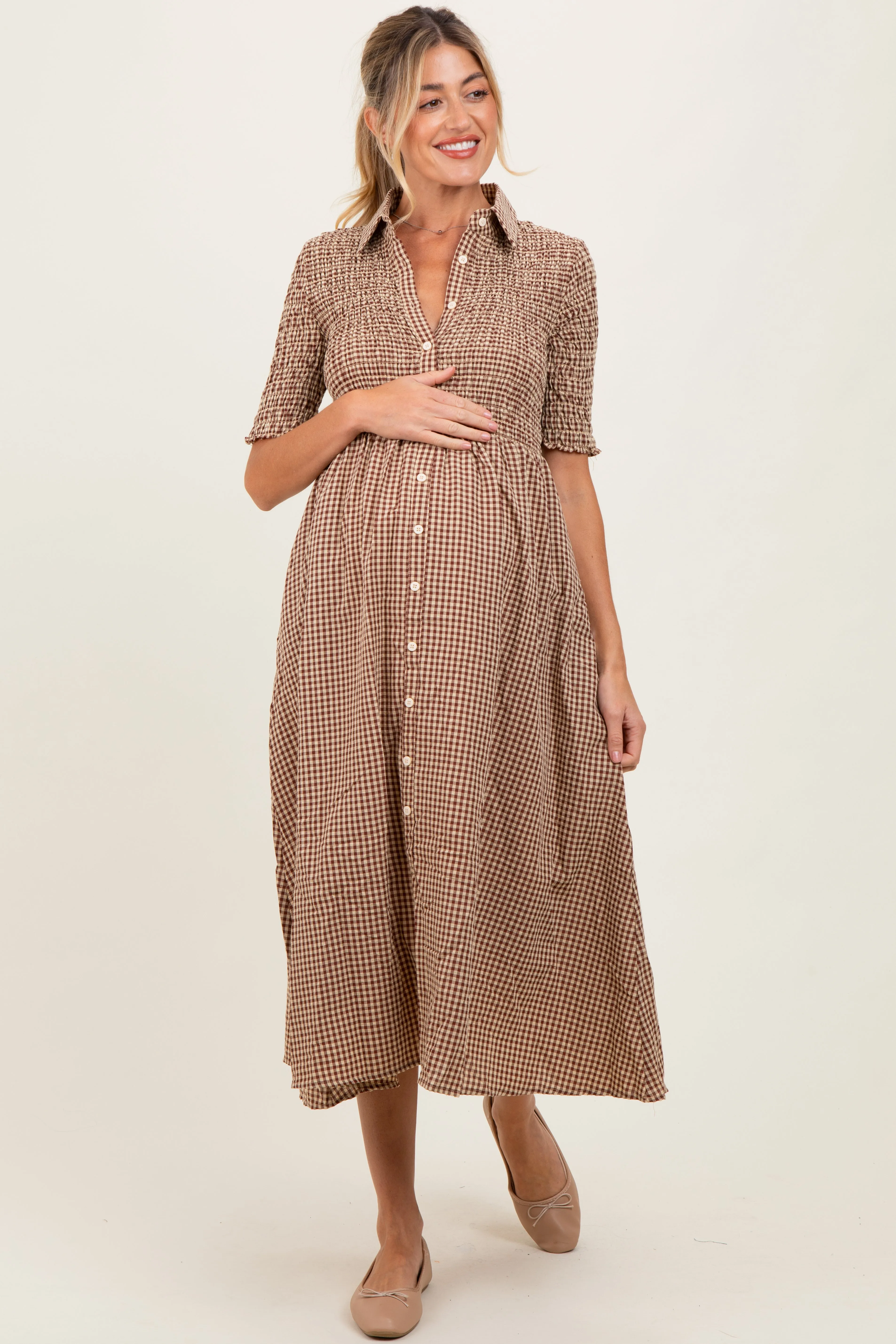 Mocha Gingham Smocked Button Down Maternity Midi Dress sold by Pinkblush